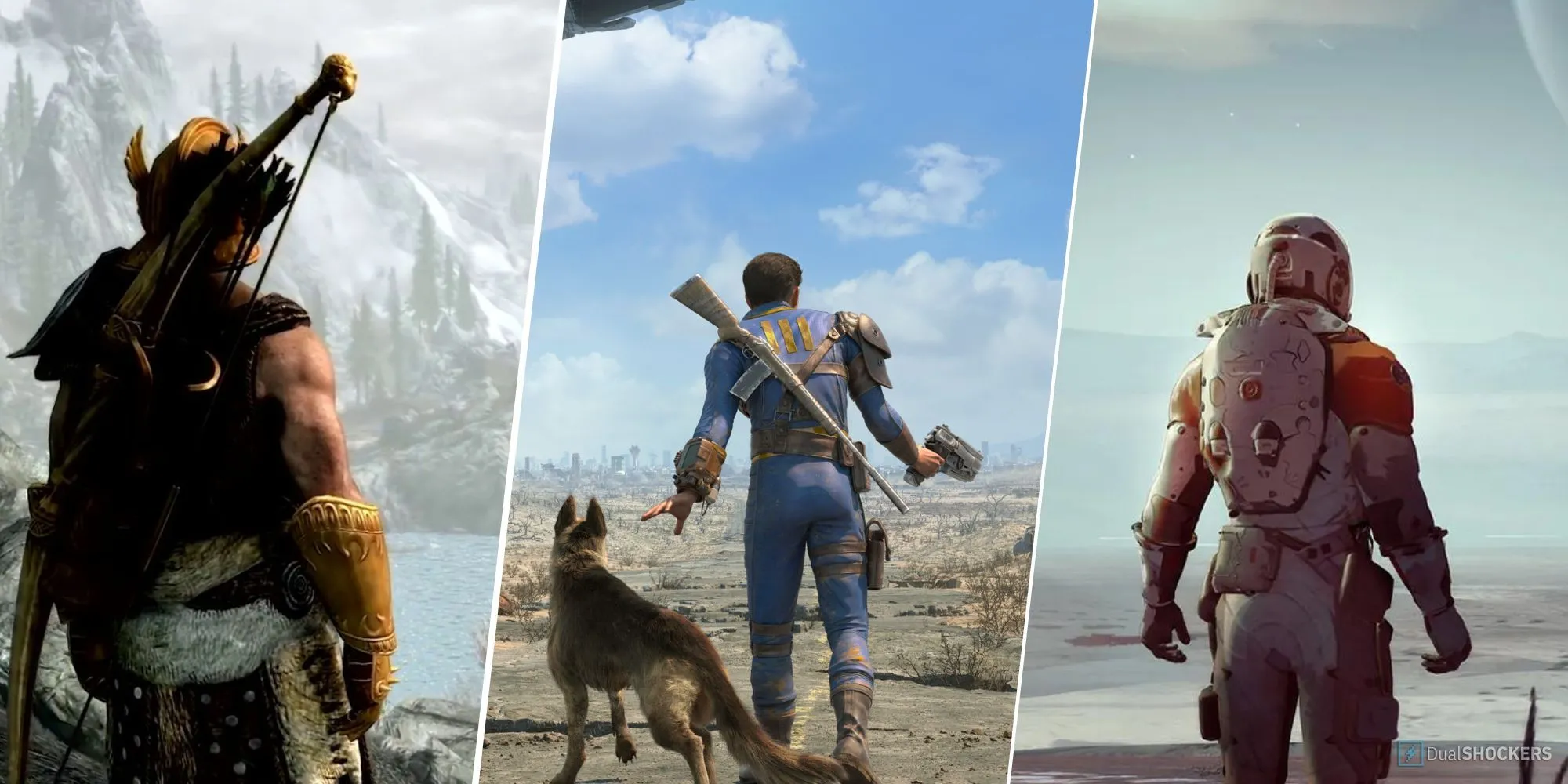 Hình ảnh đại diện cho các tựa game nổi tiếng của Bethesda như Skyrim, Fallout và Starfield.
