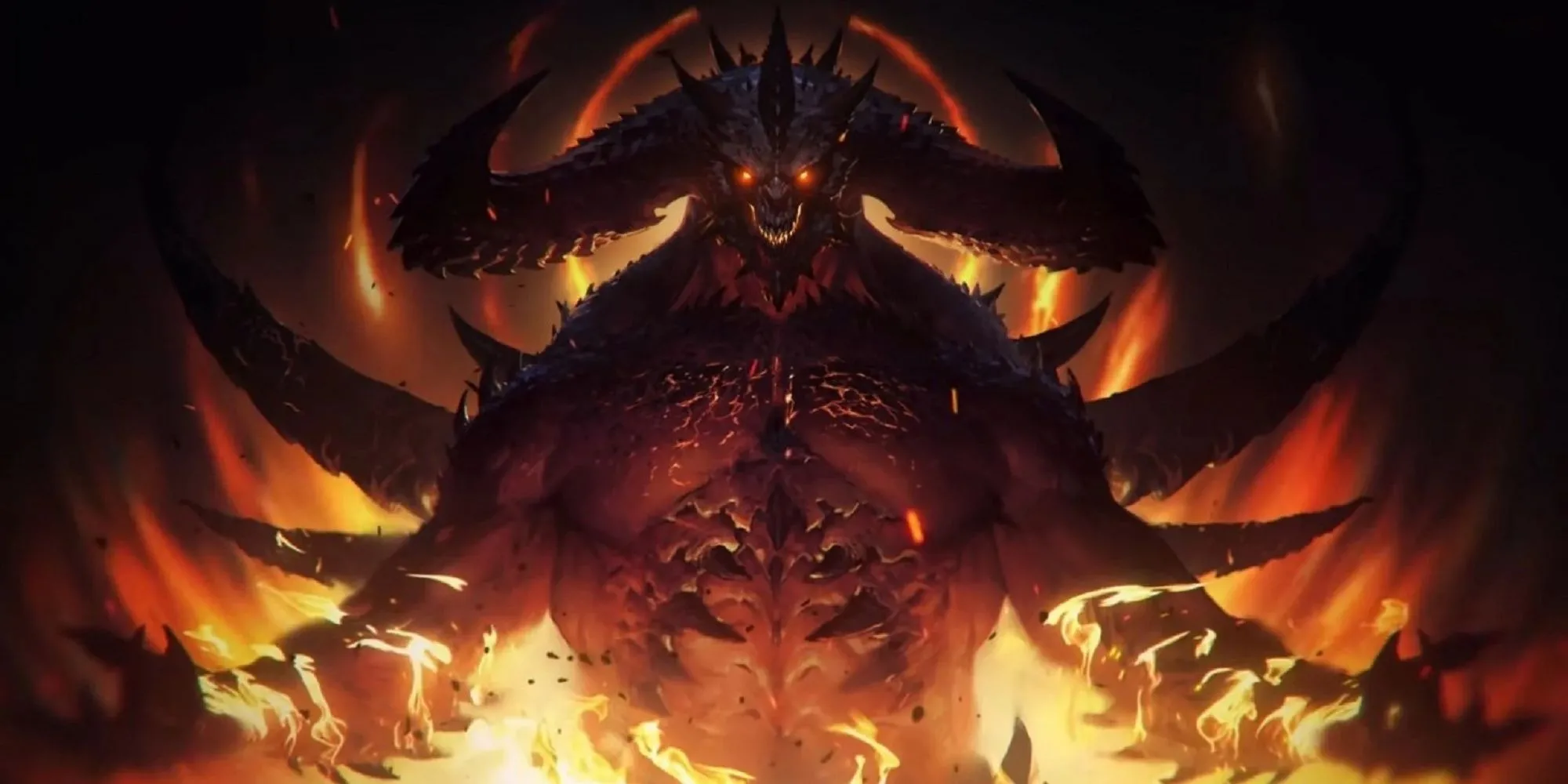 Hình ảnh Diablo trong Diablo Immortal đứng giữa biển lửa với vòng tay giơ cao, thể hiện sức mạnh.