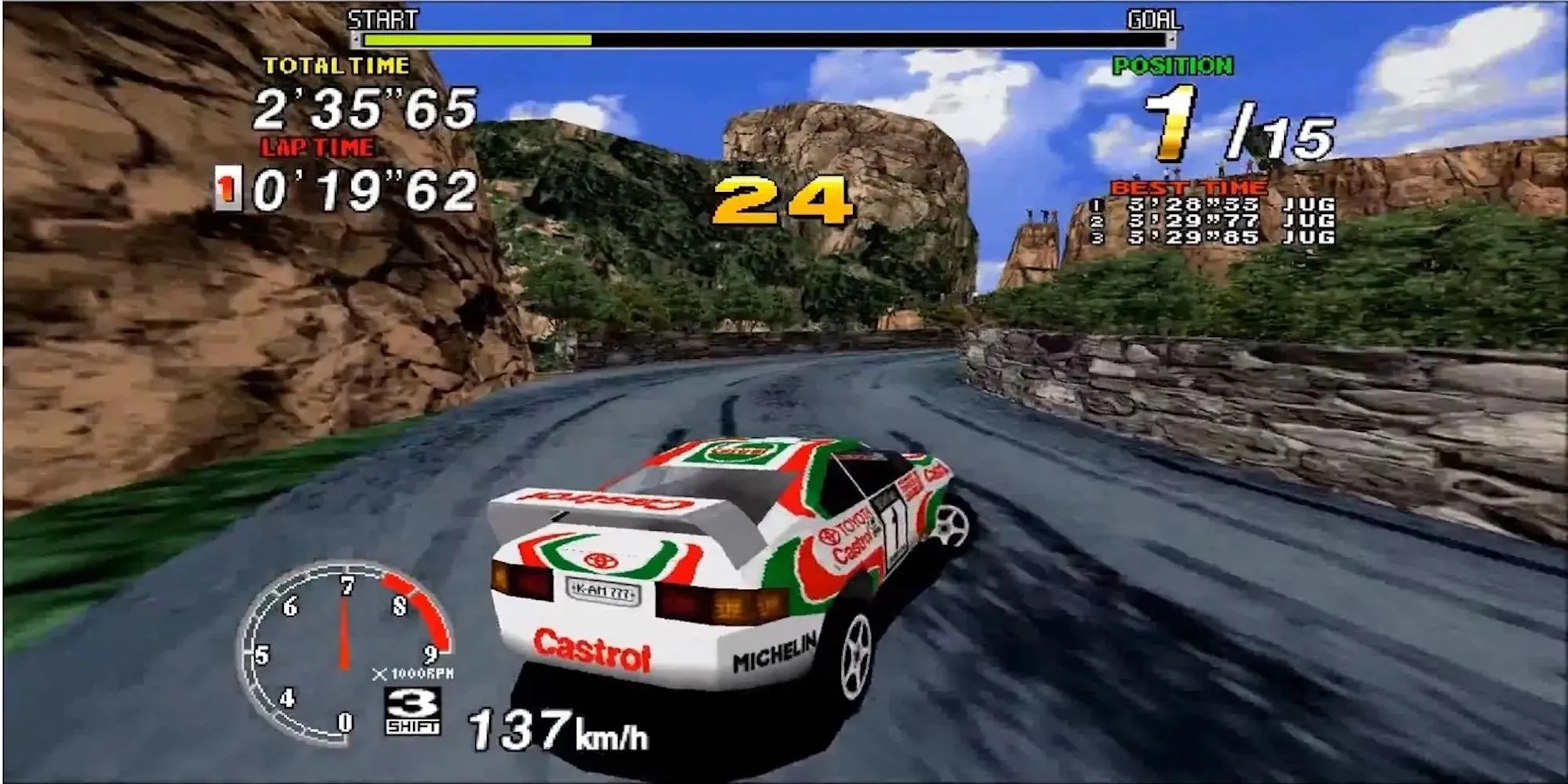 Hình ảnh game Sega Rally Championship với chiếc Lancia Delta Integrale màu đỏ đặc trưng đang đua trên đường đất.