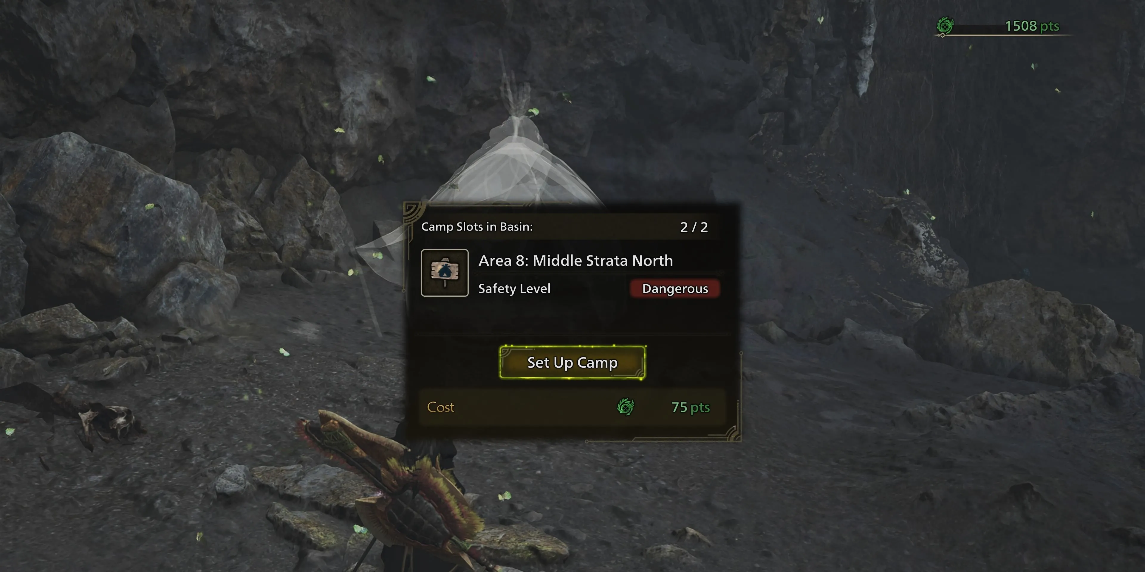 Hình ảnh game thủ đang thiết lập một Trại Dã Chiến Pop-up Camp trong Monster Hunter Wilds với sự hỗ trợ của Palico.