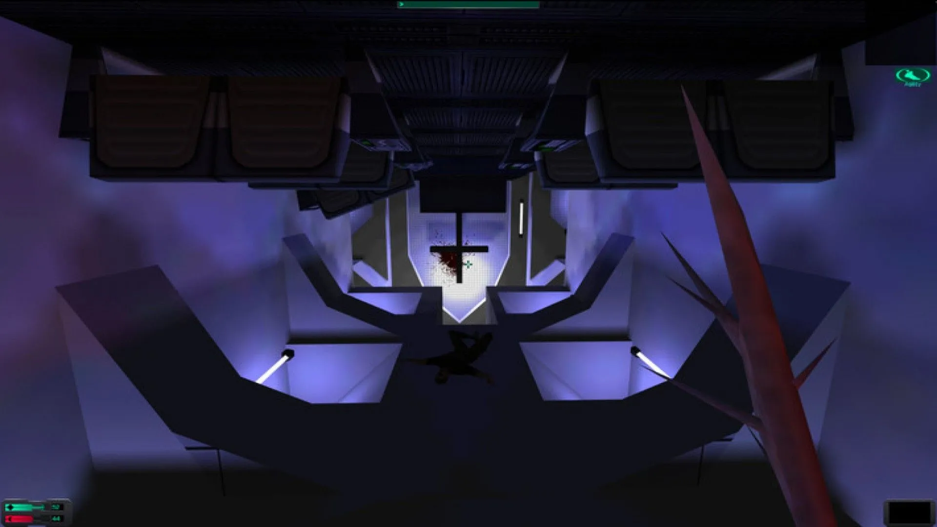 Hình ảnh gameplay từ System Shock 2: 25th Anniversary Remaster với không gian u ám và kẻ địch ẩn nấp