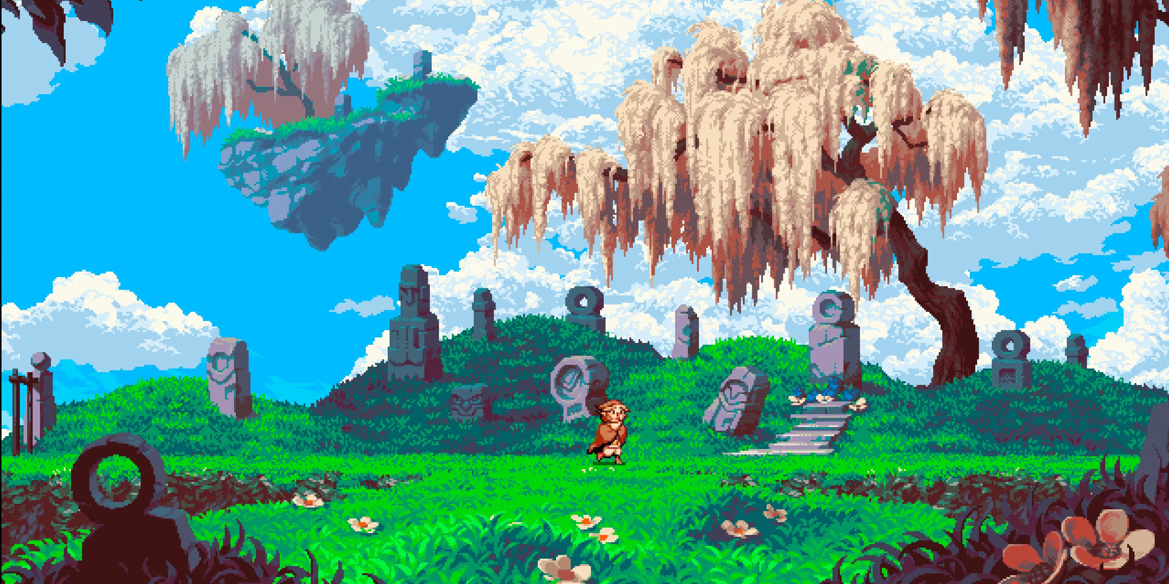Hình ảnh gameplay từ tựa game platformer Owlboy với nhân vật chính đang bay lượn