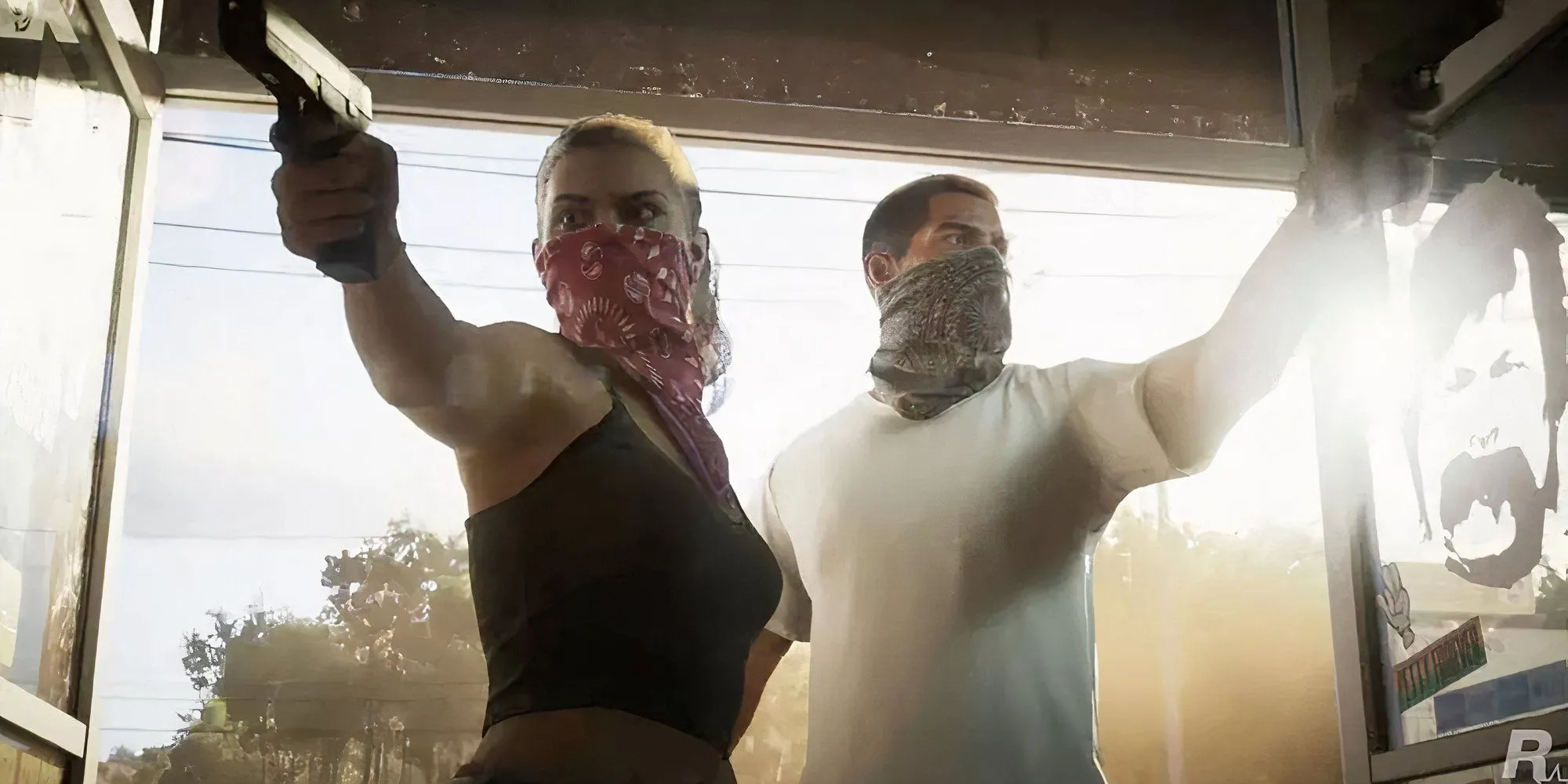 Hình ảnh Jason và Lucia trong trailer GTA 6 đeo khăn bịt mặt, cầm súng chuẩn bị cướp cửa hàng, bối cảnh quen thuộc của dòng game.
