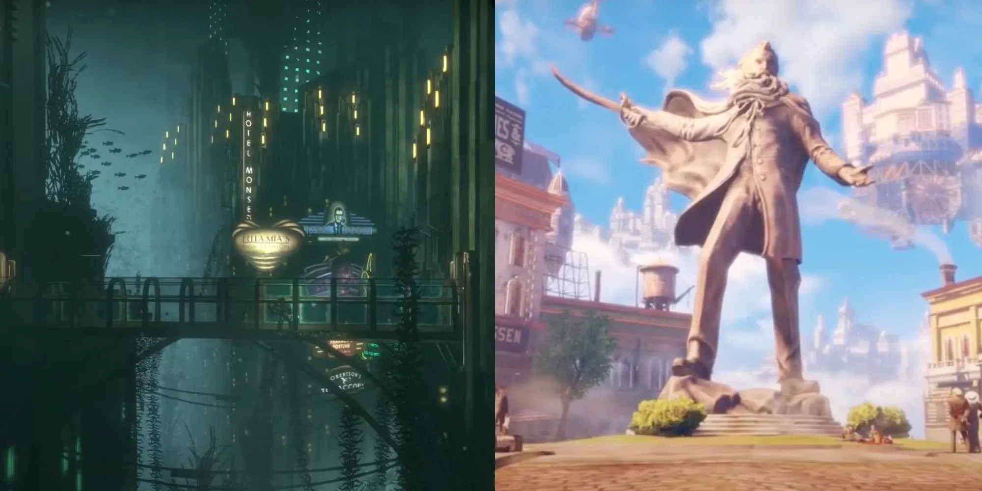 Hình ảnh kết hợp giữa thành phố dưới đáy biển Rapture và thành phố trên không Columbia trong Bioshock
