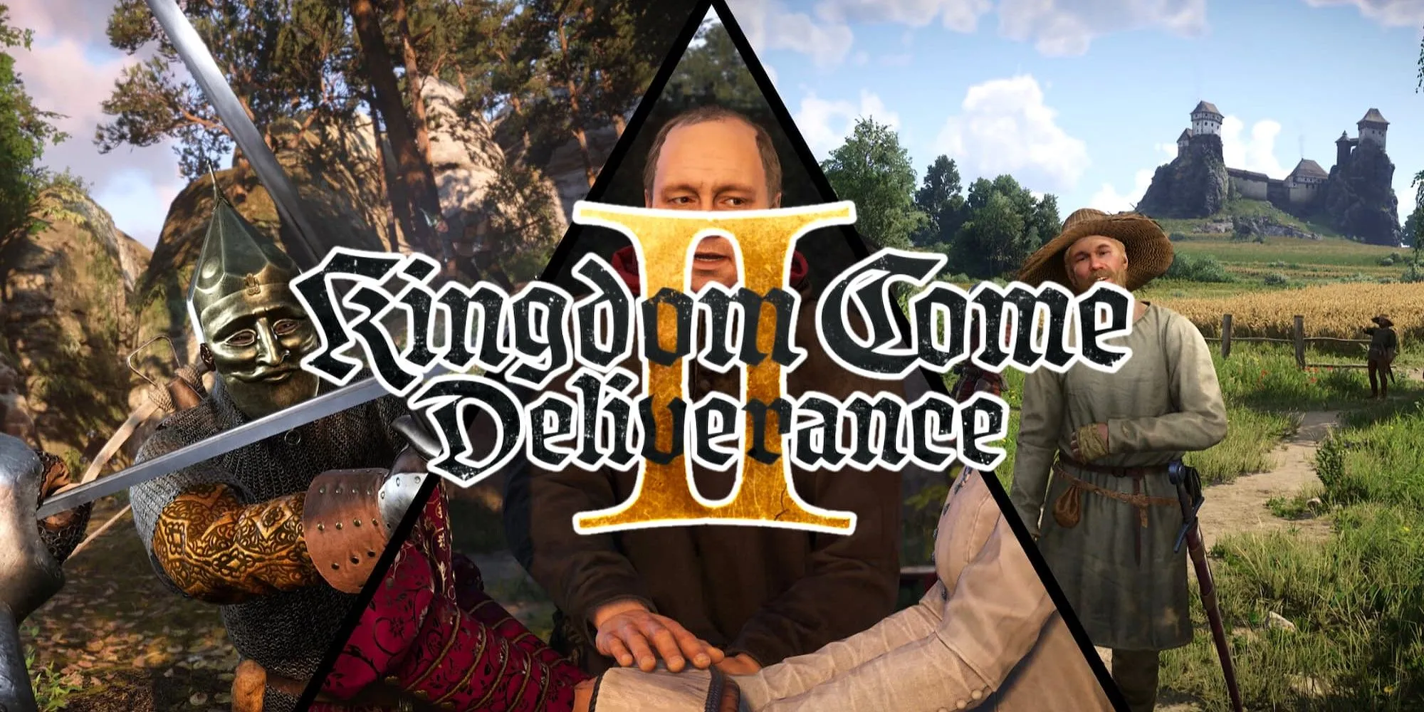 Hình ảnh logo Kingdom Come Deliverance 2 trên nền các cảnh quay trong game