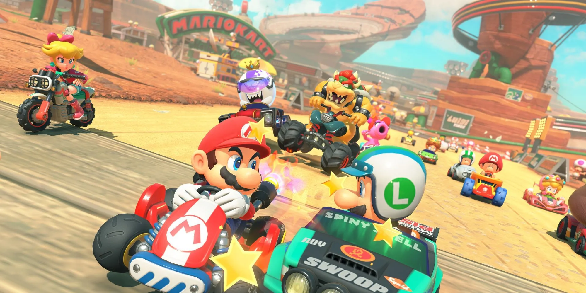 Hình ảnh logo Mario Kart World trên nền đường đua, tượng trưng cho tựa game đua xe sắp ra mắt