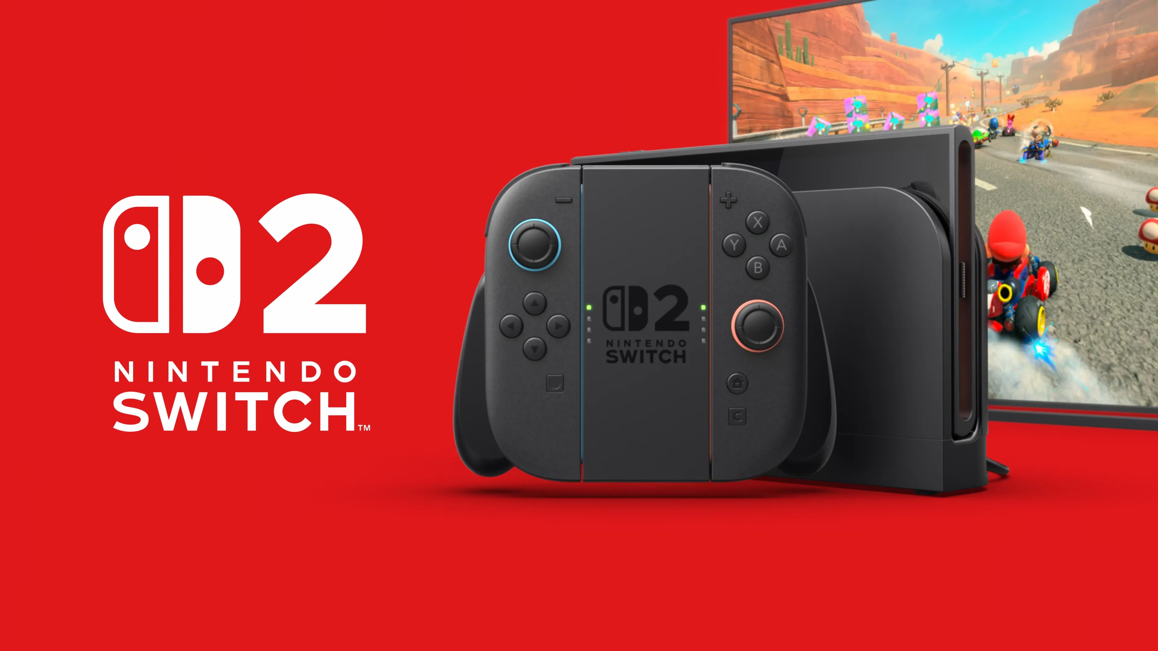 Hình ảnh máy Nintendo Switch 2 với tựa game Mario Kart World trên màn hình nền