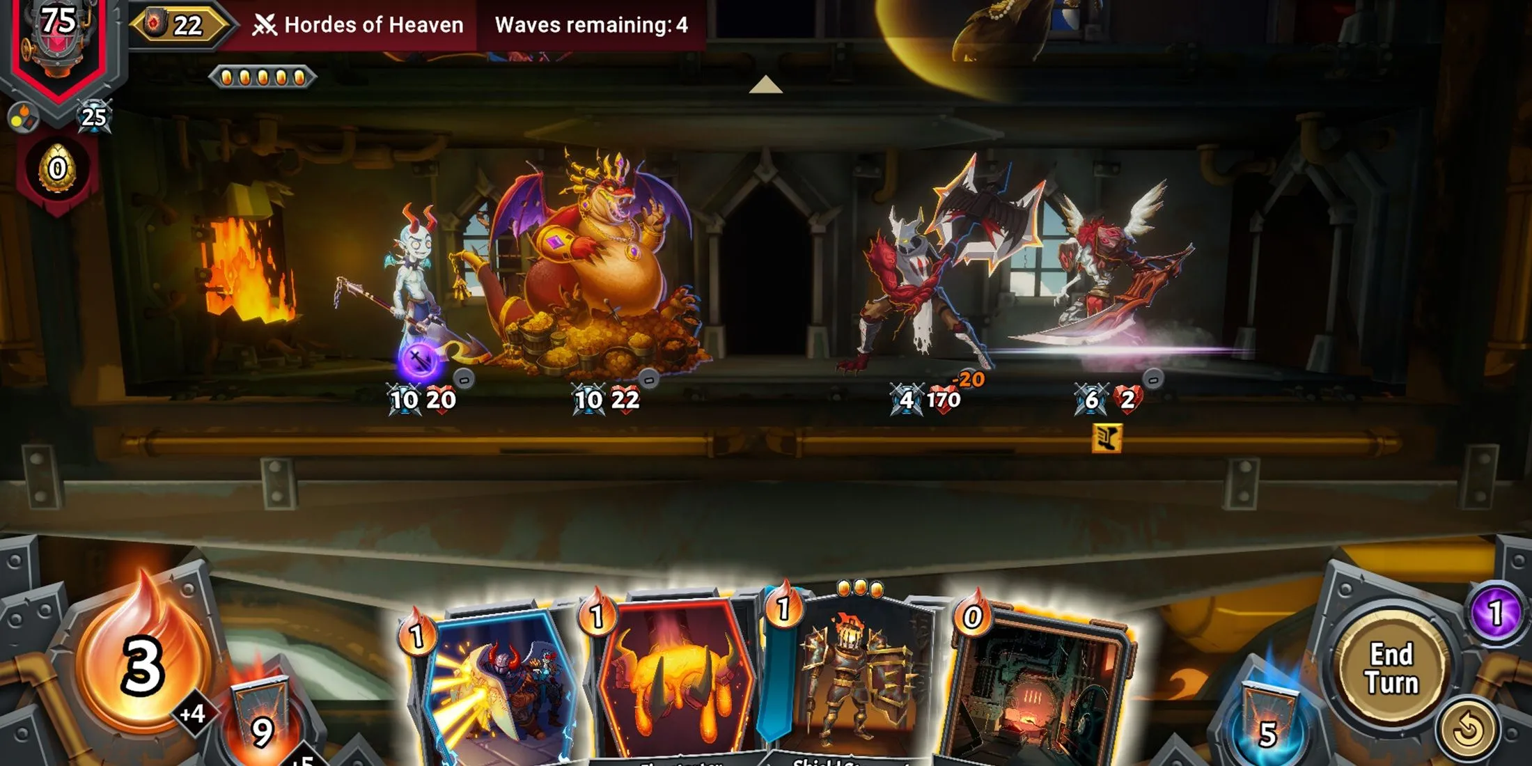 Hình ảnh minh họa giao diện trận đấu trong game Monster Train 2 với các đơn vị trên tàu
