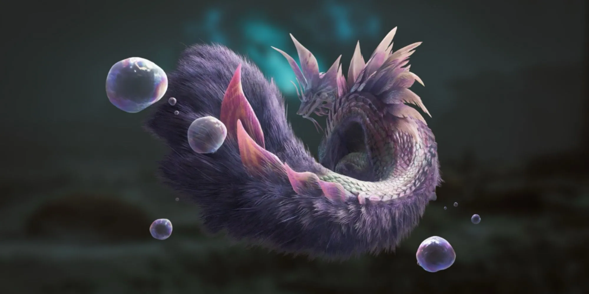 Hình ảnh Mizutsune trong Monster Hunter Wilds với bộ lông trắng và những chiếc bong bóng đặc trưng.