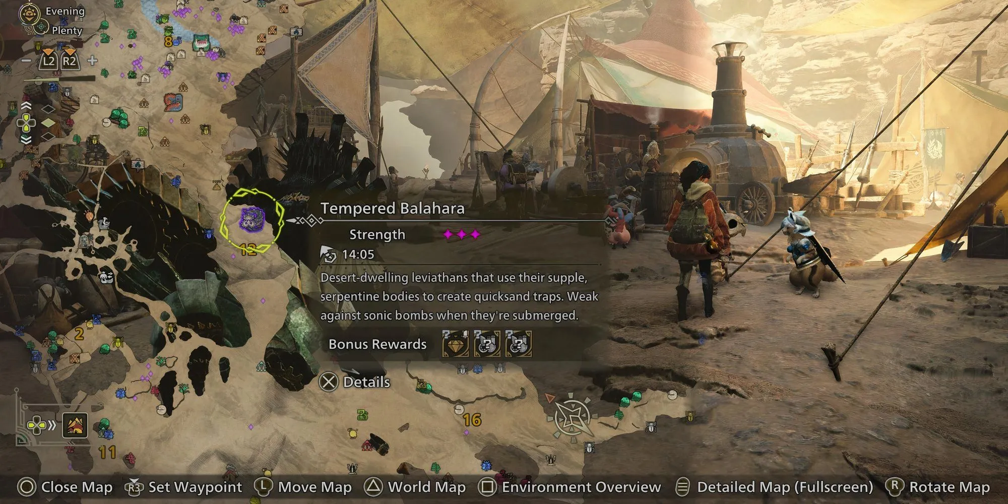 Hình ảnh một thợ săn đang đối đầu với Quái Vật Tempered trong Monster Hunter Wilds, nổi bật với ánh sáng tím đặc trưng