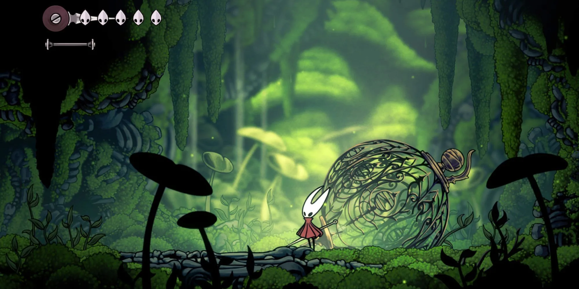 Hình ảnh nhân vật Hornet trong Hollow Knight Silksong đang chiến đấu trong một hang động tối tăm