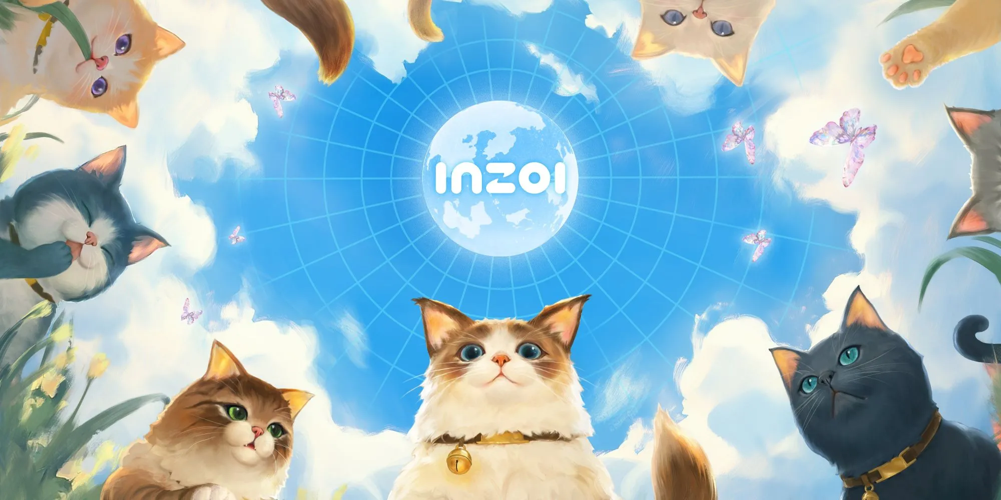 Hình ảnh quảng bá game InZOI với các nhân vật Zoi và những chú mèo đáng yêu trong một căn phòng