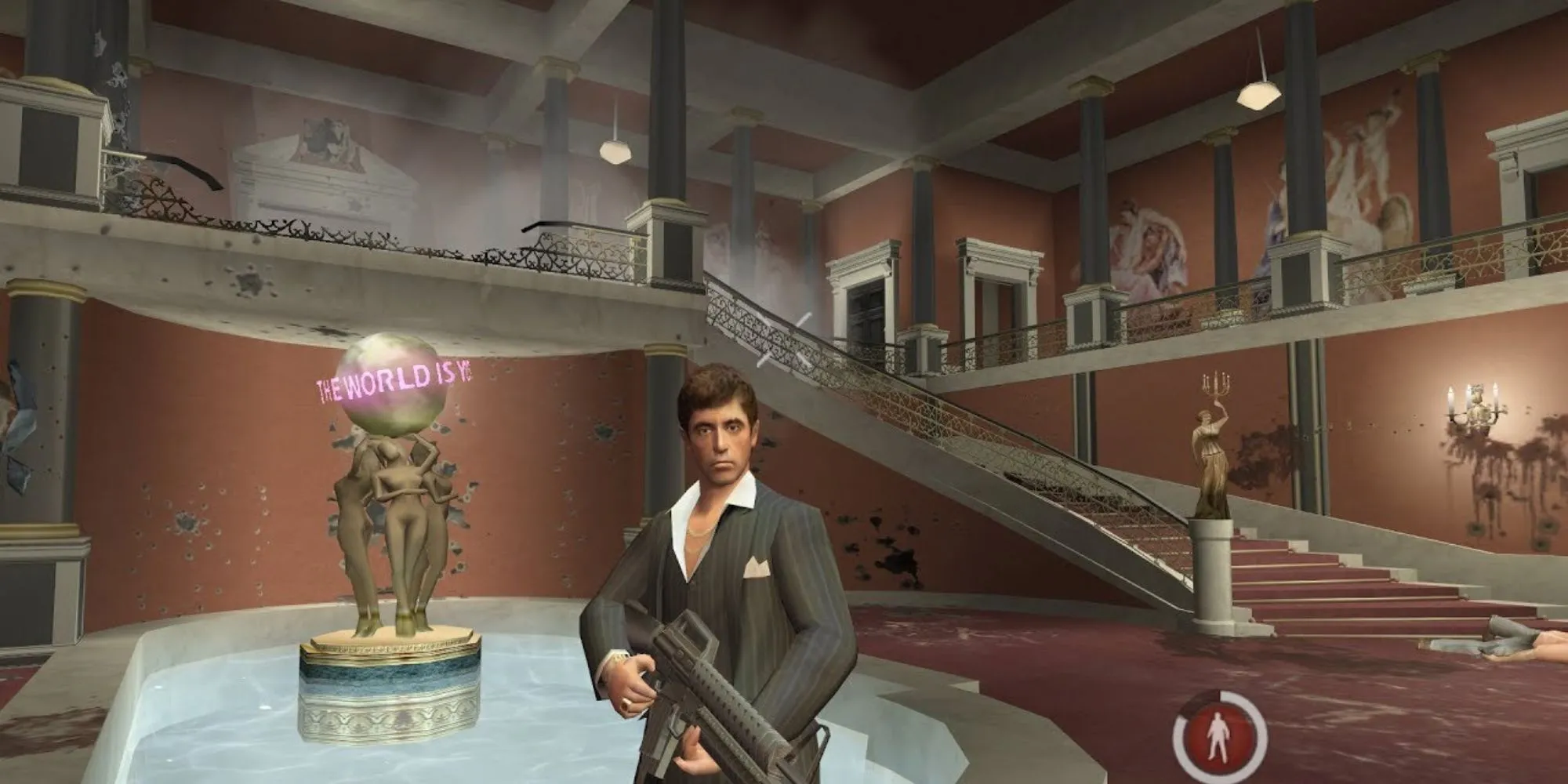Hình ảnh Tony Montana trong game Scarface: The World is Yours đứng giữa khung cảnh hỗn loạn.