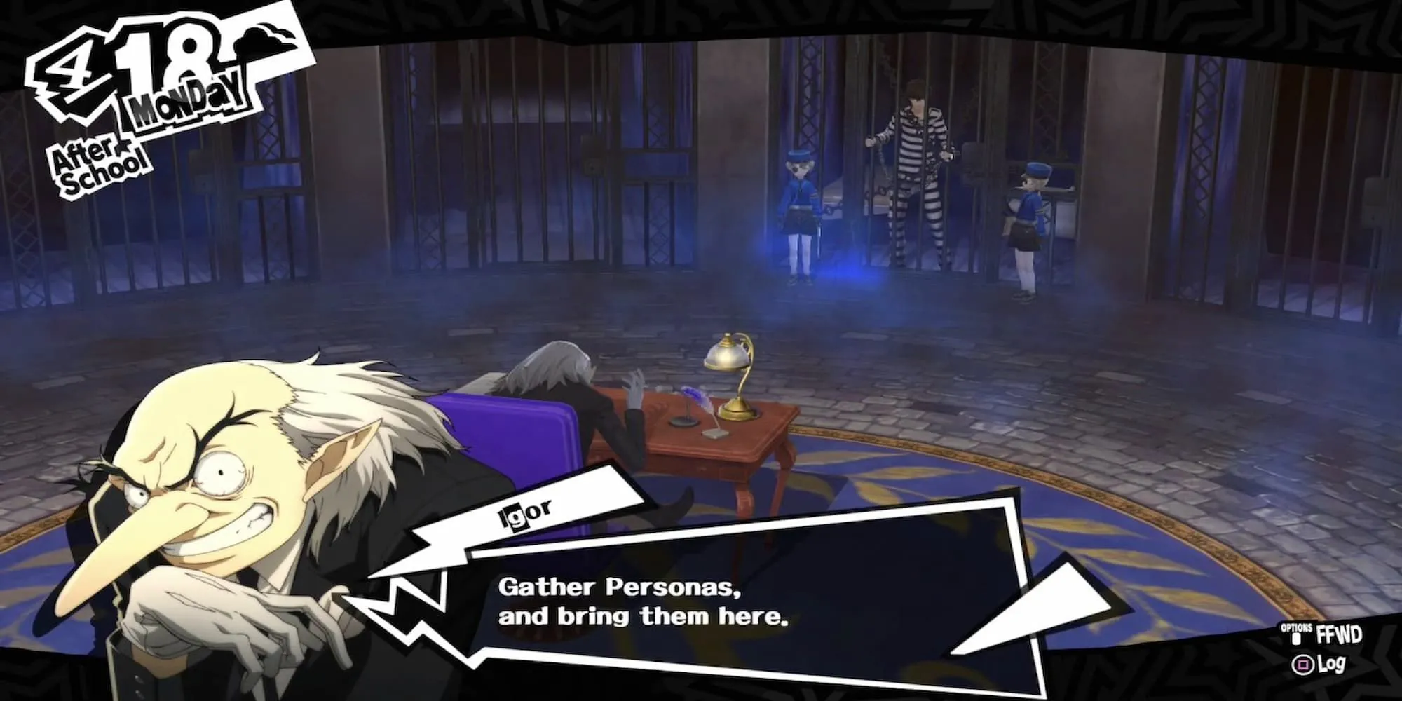 Igor trong Velvet Room đang tương tác với nhân vật chính Persona 5 Royal