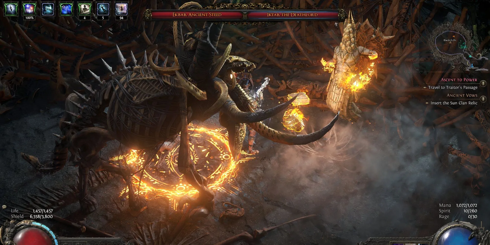 Iktab và Ekbab, cặp boss song đấu trong Path of Exile II Màn 2, một kẻ điều khiển xương và chiến mã xương.