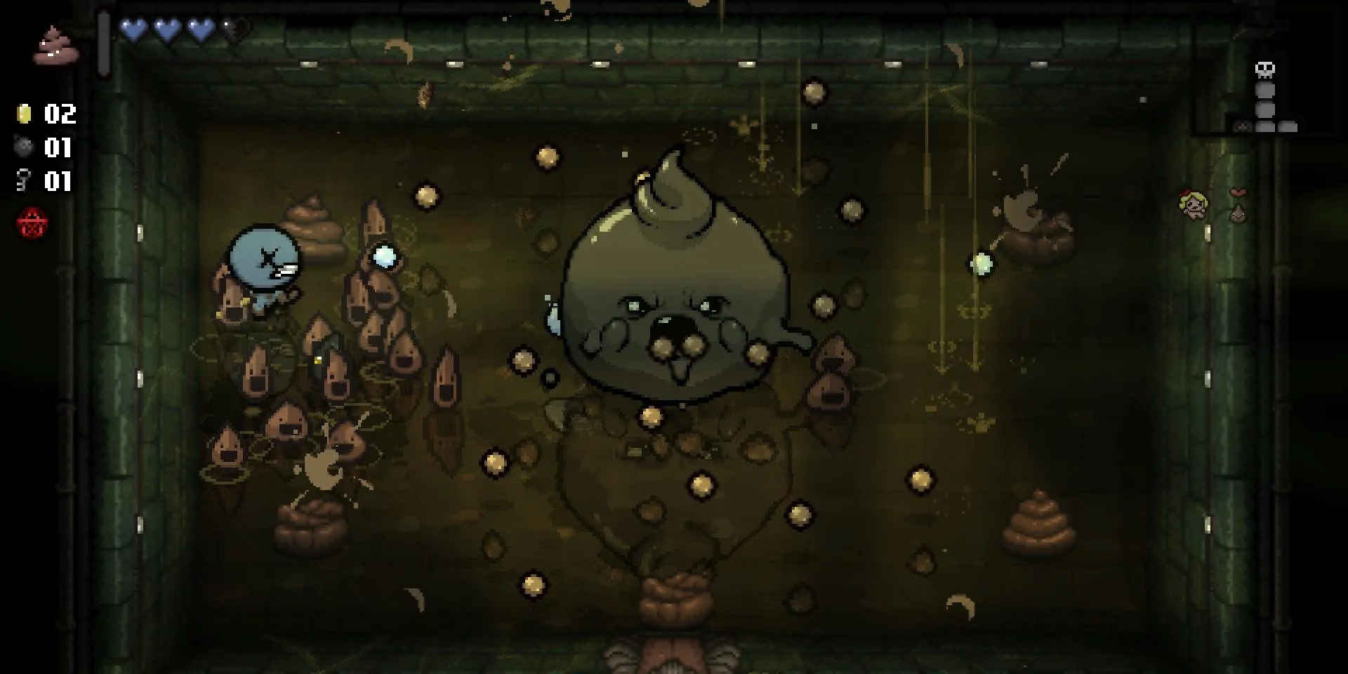 Isaac chiến đấu với boss Clog trong The Binding of Isaac: Repentance, một tựa game roguelike hài hước đen tối