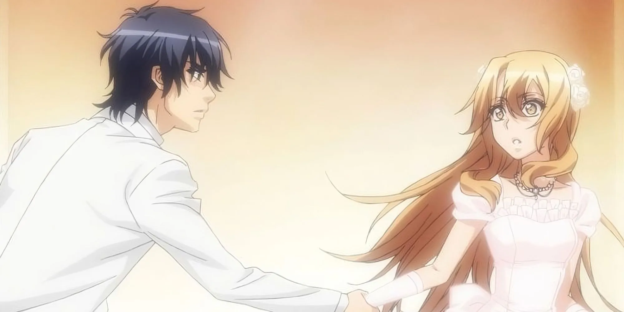 Izumi Sena trong trang phục giả gái váy trắng và Ryouma Ichijo trong anime BL Love Stage!!