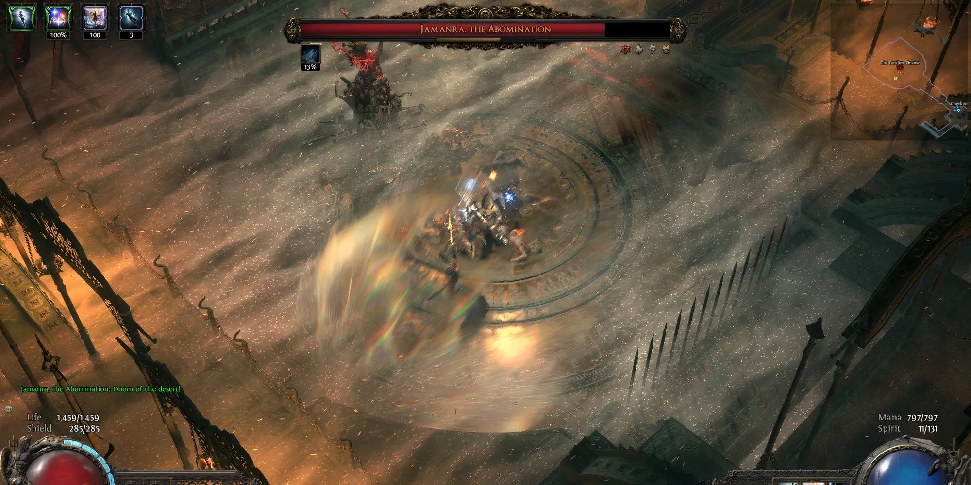 Jamanra, Kẻ Ghê Tởm, boss cuối Màn 2 Path of Exile II, chiến đấu trong một cơn bão cát dữ dội.