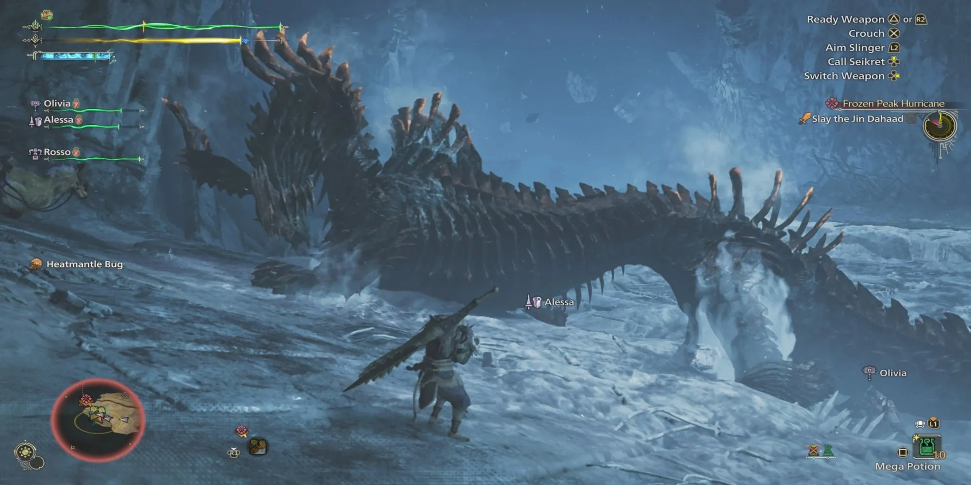 Jin Dahaad, quái vật khổng lồ với thiết kế ấn tượng trong một trận chiến tại Monster Hunter Wilds.