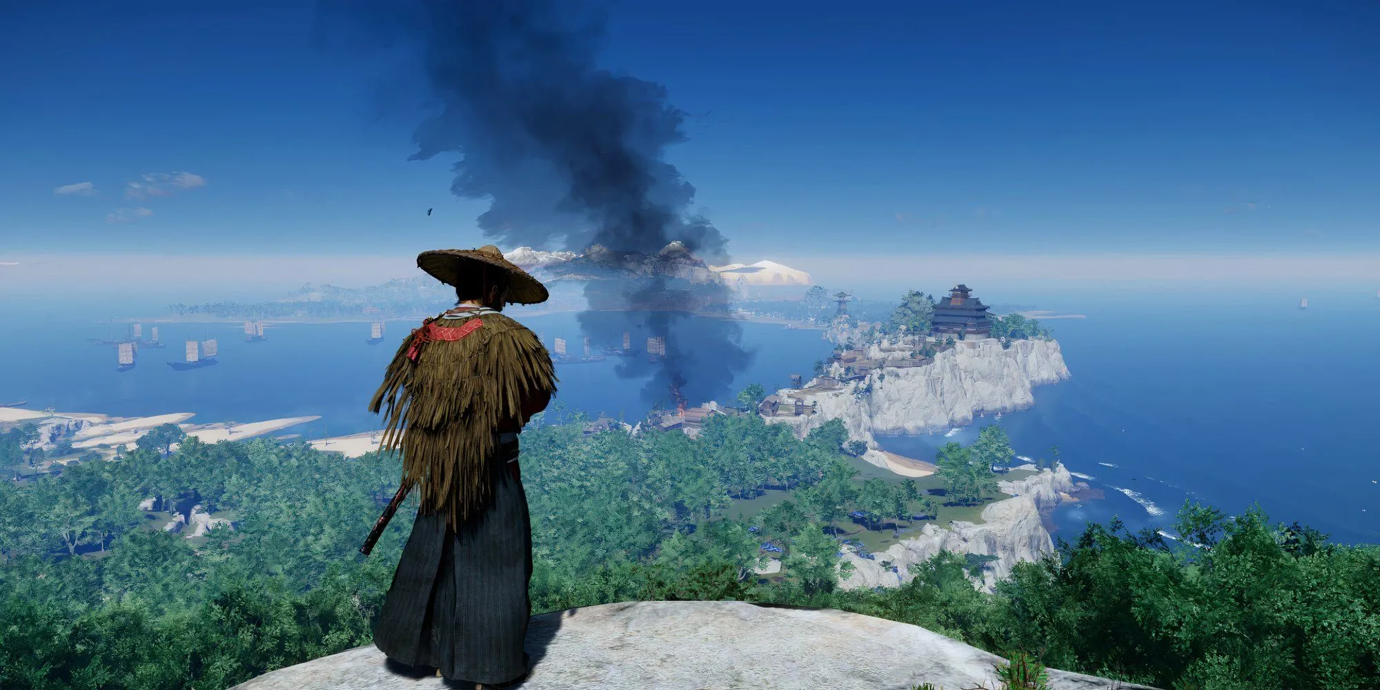 Jin Sakai trong Ghost of Tsushima đứng trên vách đá, nhìn từ trên cao xuống.