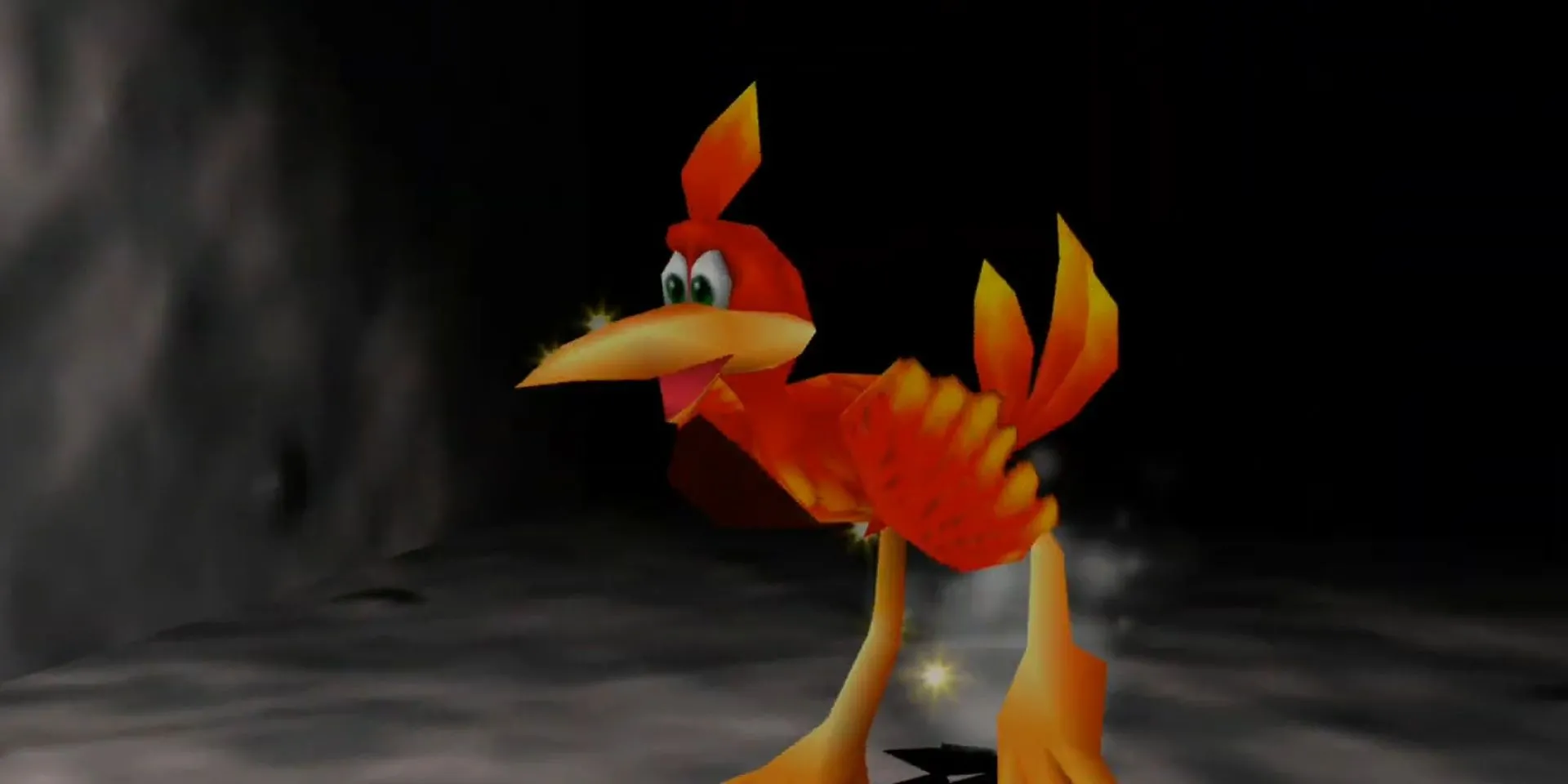 Kazooie, cô chim đỏ nhanh nhẹn, trong một cảnh của tựa game Banjo-Tooie.