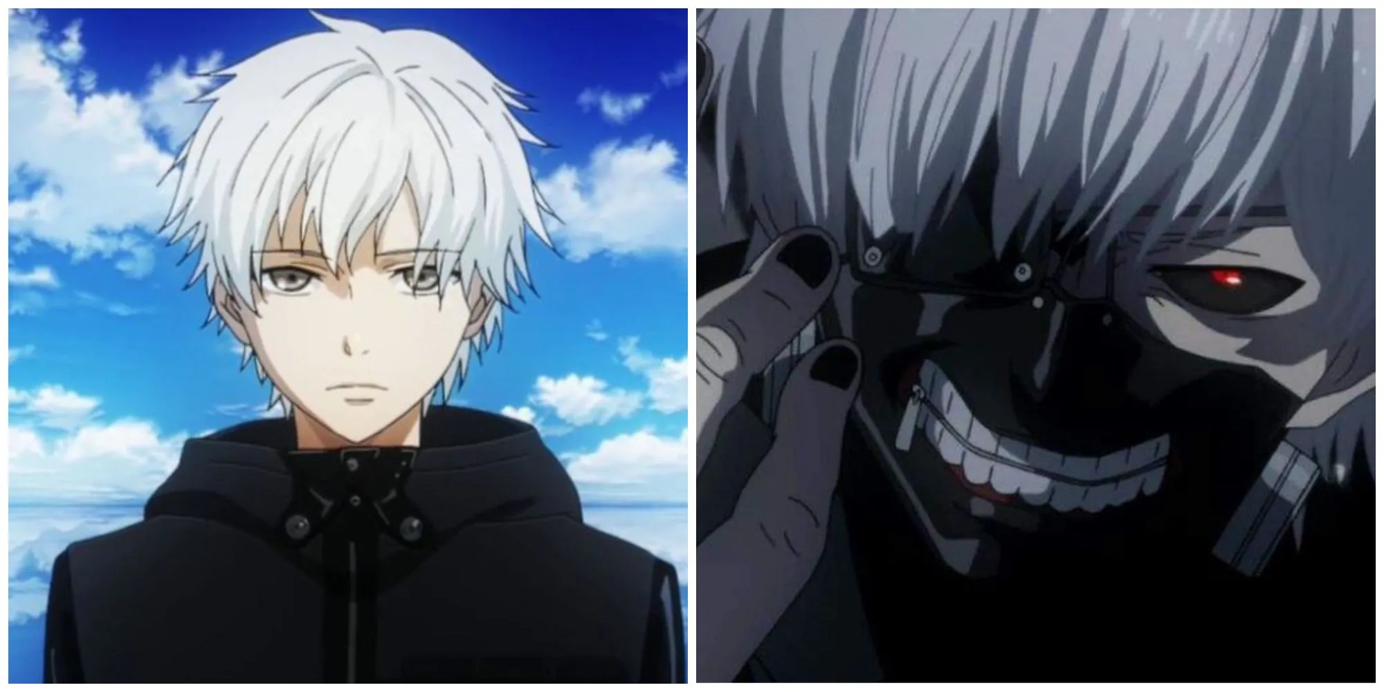 Ken Kaneki trong Tokyo Ghoul với hình dạng con người và Ghoul, chiếc bịt mắt che đi con mắt Kakugan