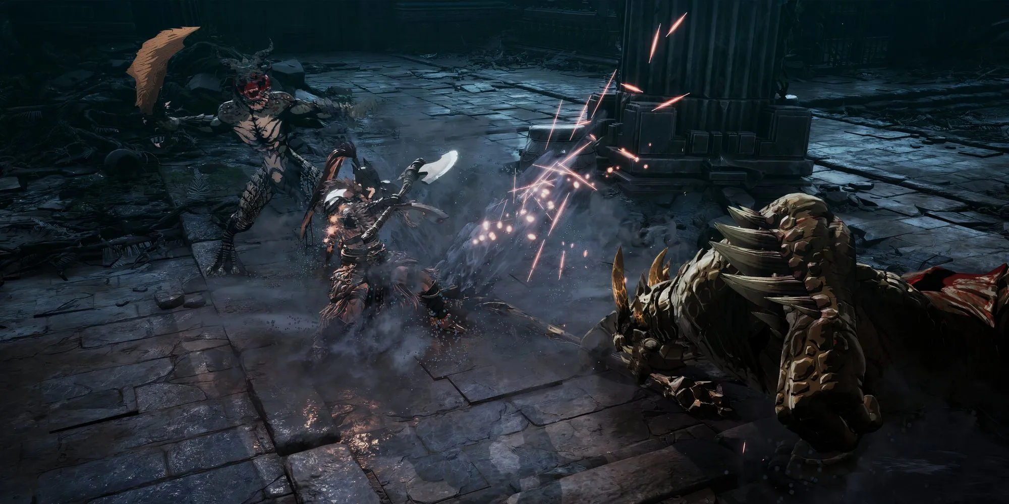 Khazan chiến đấu và vật phẩm rơi ra ngẫu nhiên trong The First Berserker Khazan, minh họa cho hệ thống loot.