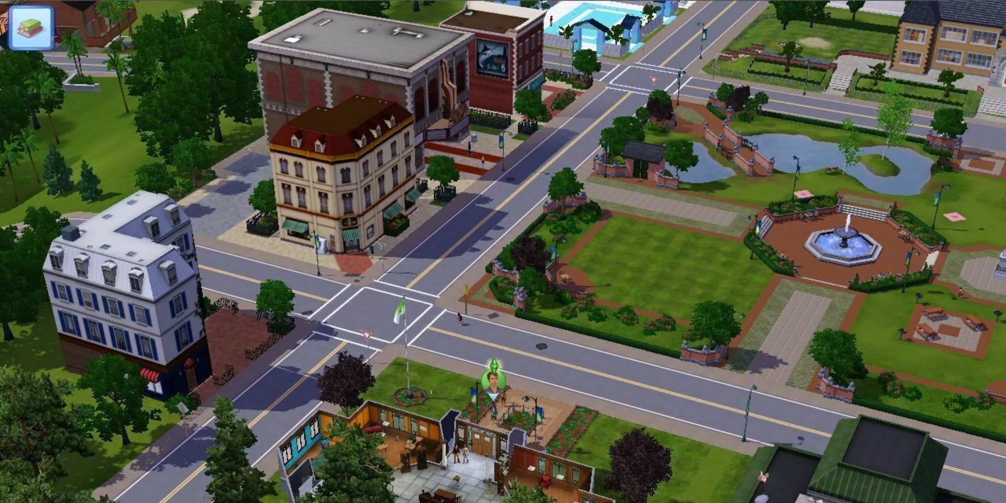 Khung cảnh một thị trấn trong The Sims 3 với Sim của người chơi được làm nổi bật