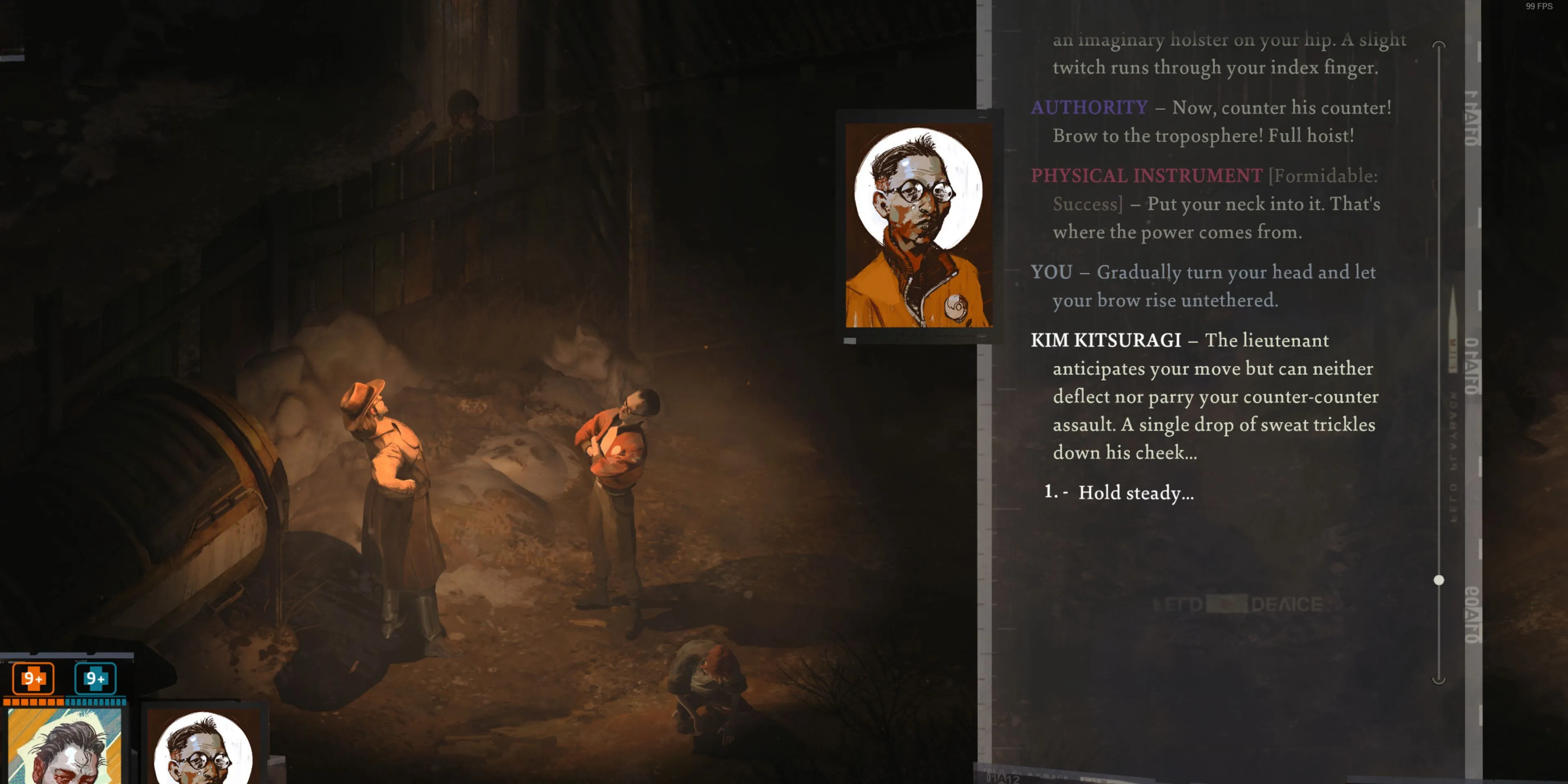 Kim Kitsuragi và nhân vật chính trong một cuộc đối đầu căng thẳng ở Disco Elysium