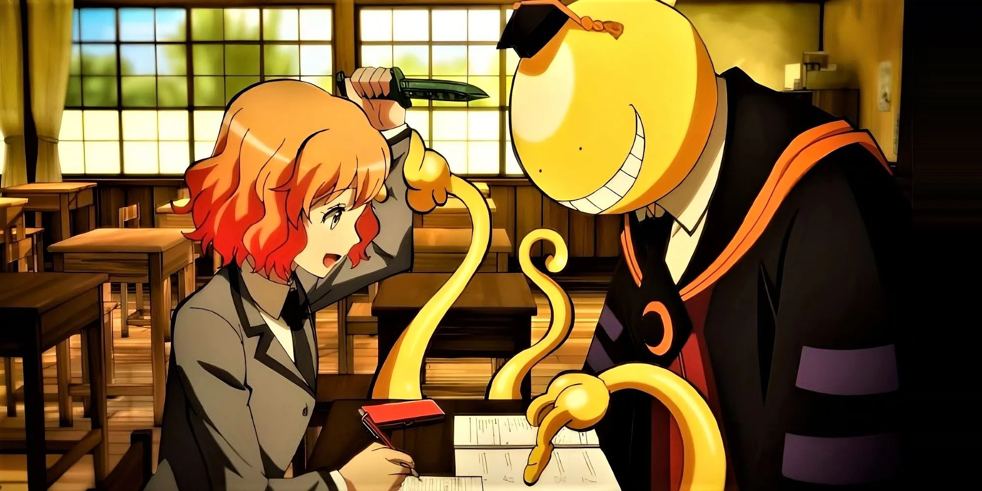 Koro-sensei và học sinh lớp 3-E trong một giờ học ám sát hài hước của Assassination Classroom