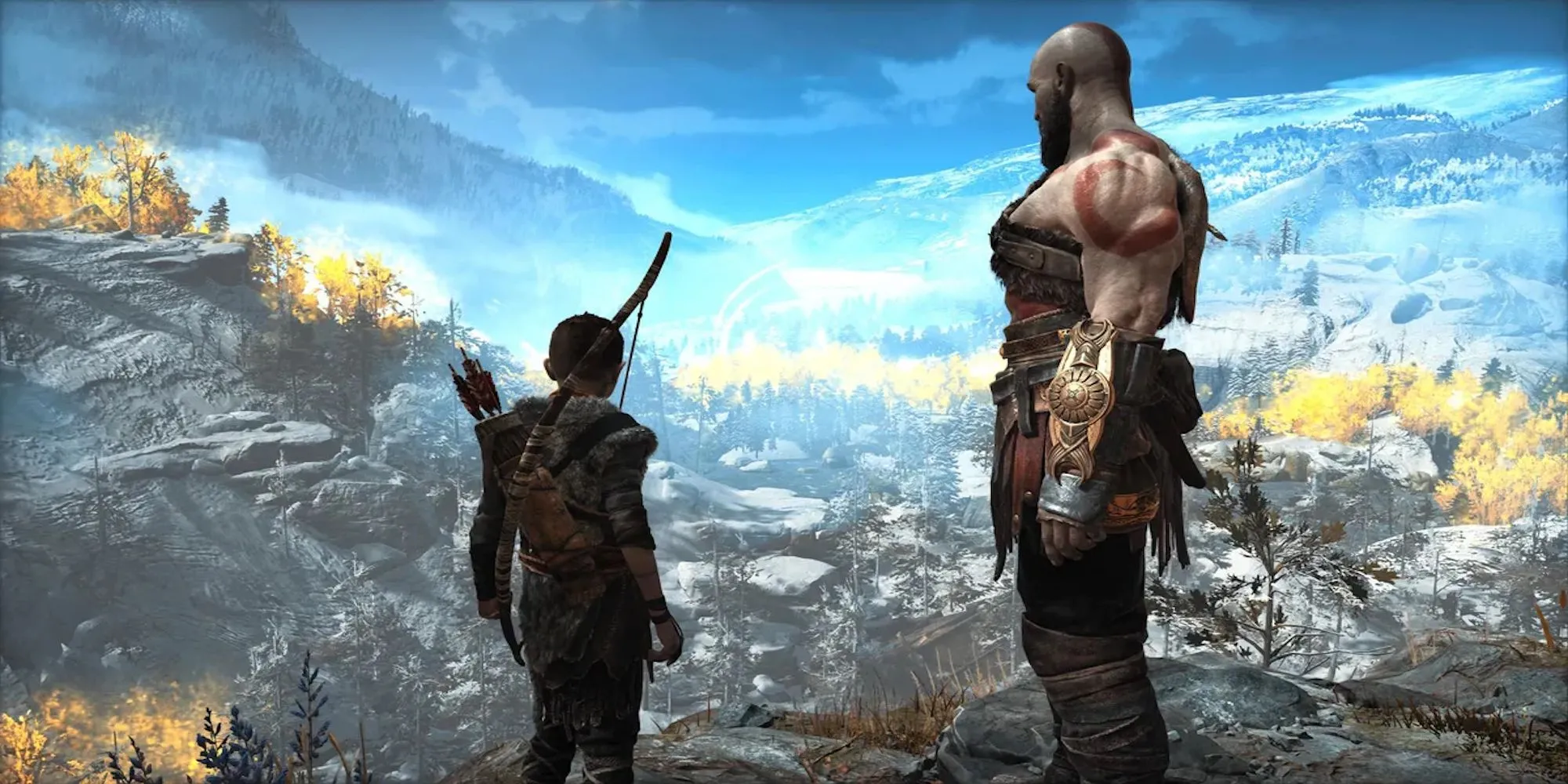 Kratos và Atreus đứng trên mỏm đá nhìn ra khung cảnh hùng vĩ trong God of War 2018, thể hiện mối quan hệ cha con phức tạp