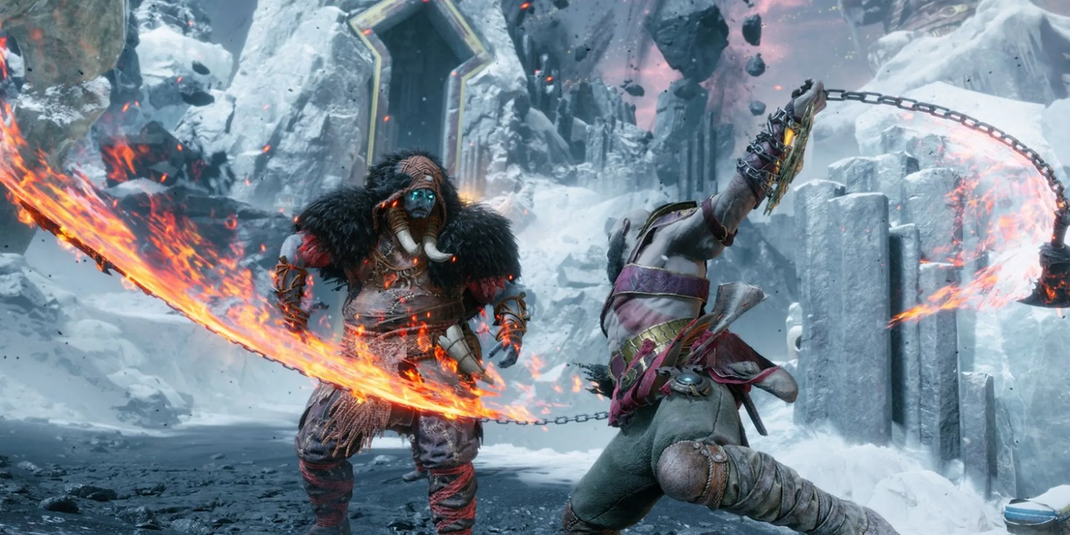 Kratos và Atreus trong một cảnh chiến đấu hùng tráng của God of War Ragnarok