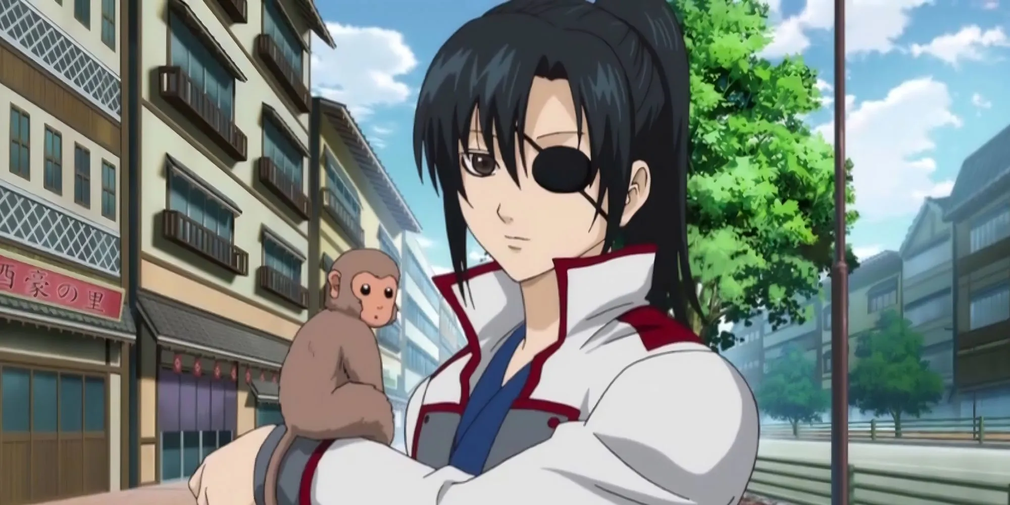 Kyuubei Yagyuu từ Gintama với chú khỉ trên đầu và chiếc bịt mắt sau khi bảo vệ Otae