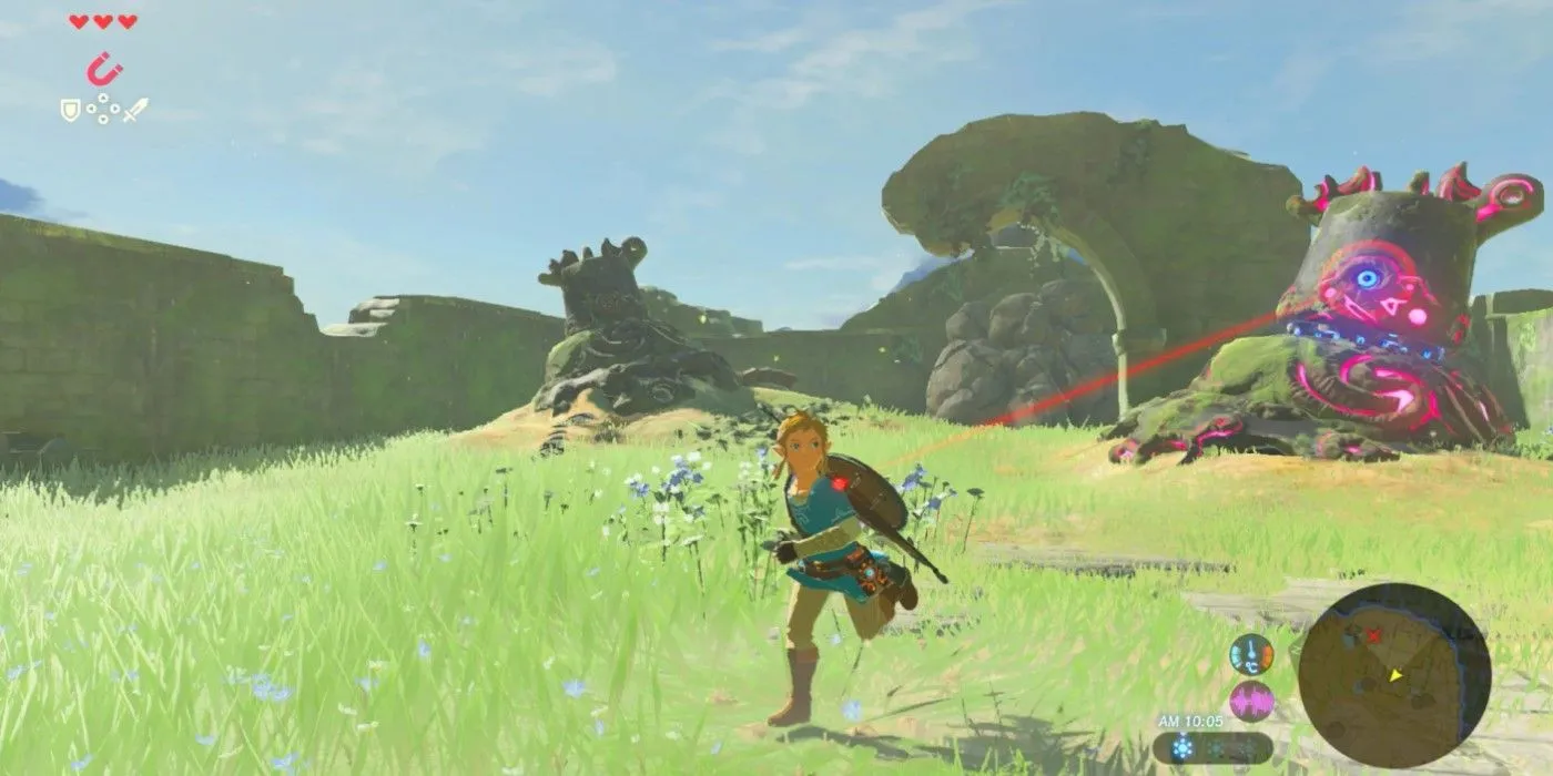 Link chạy trốn khỏi một Guardian đáng sợ trong The Legend of Zelda: Breath of the Wild