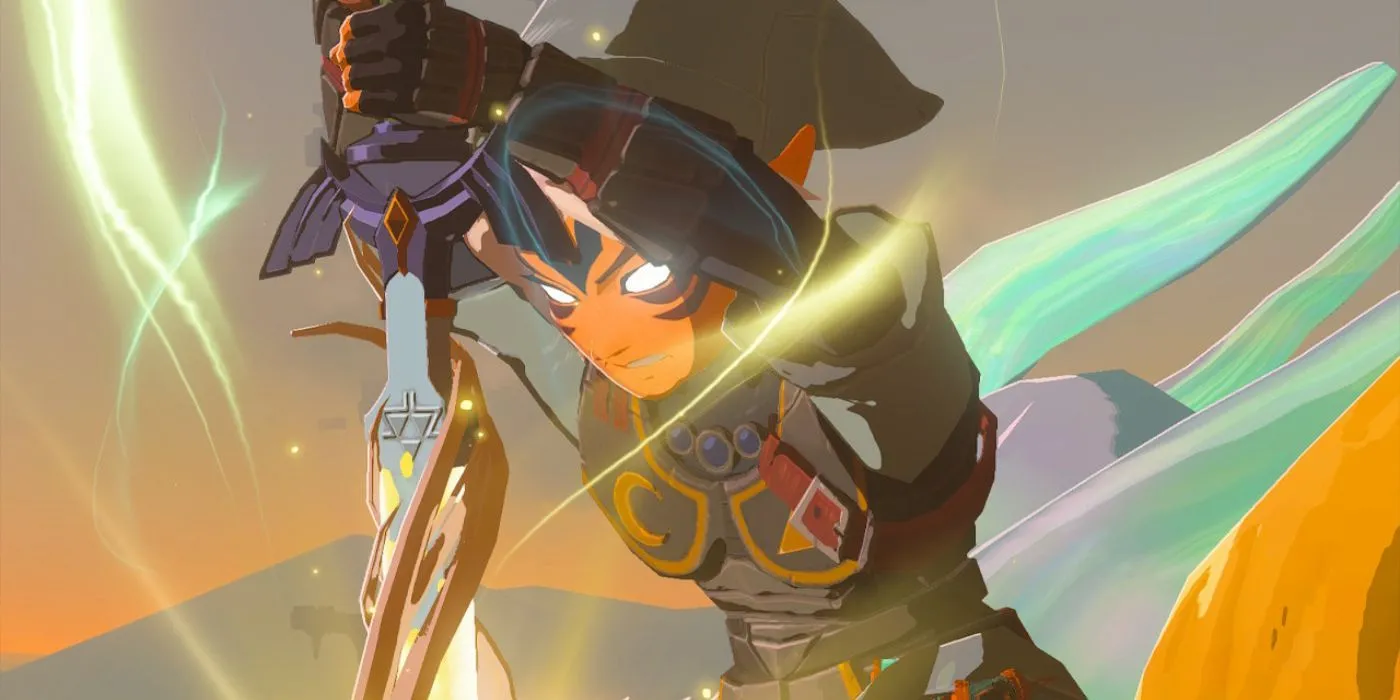 Link cưỡi rồng bay trên bầu trời Hyrule trong Zelda Tears of the Kingdom