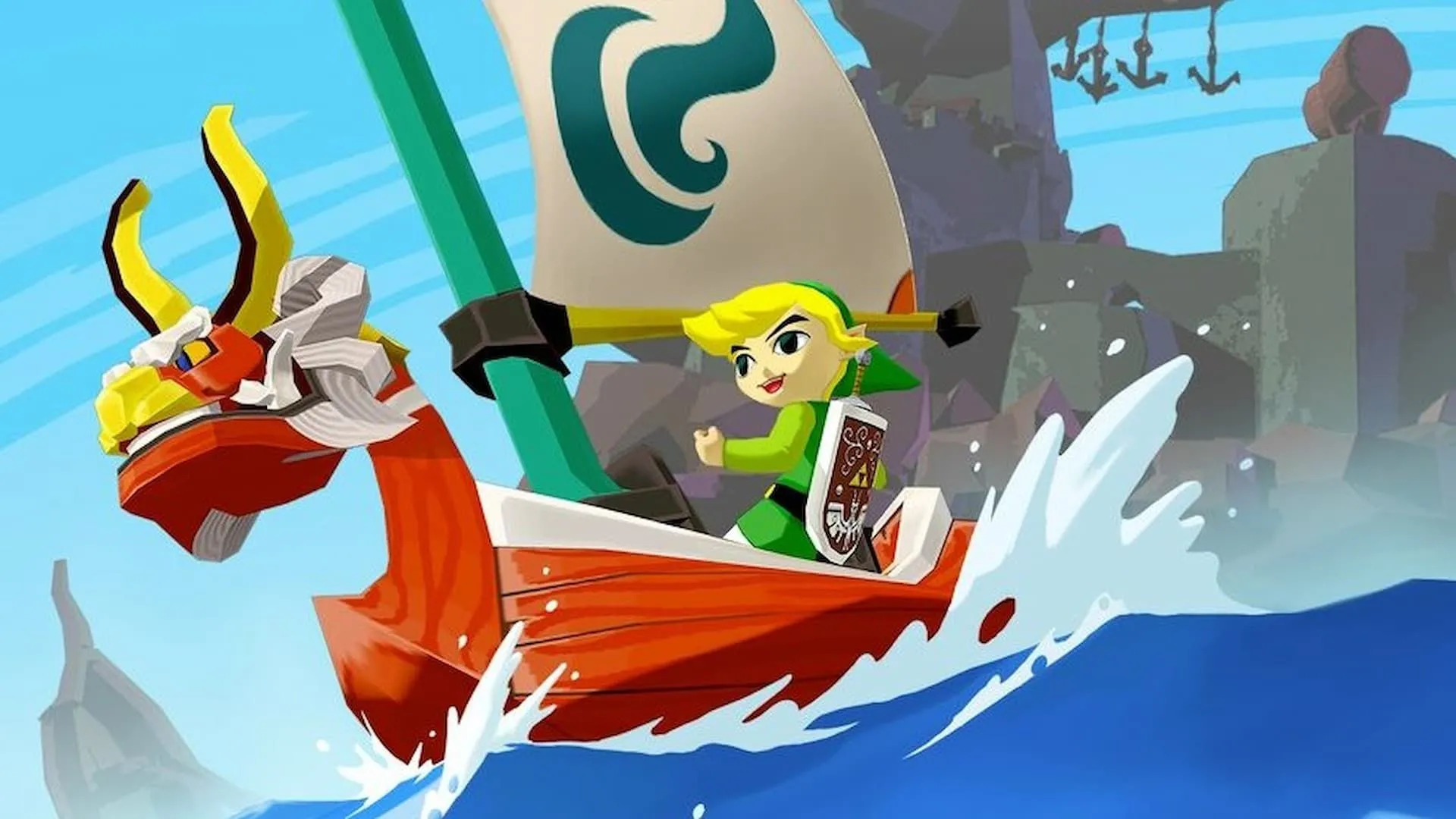 Link trên thuyền King of Red Lions trong The Legend of Zelda: Wind Waker, một tựa game Zelda khác của Nintendo