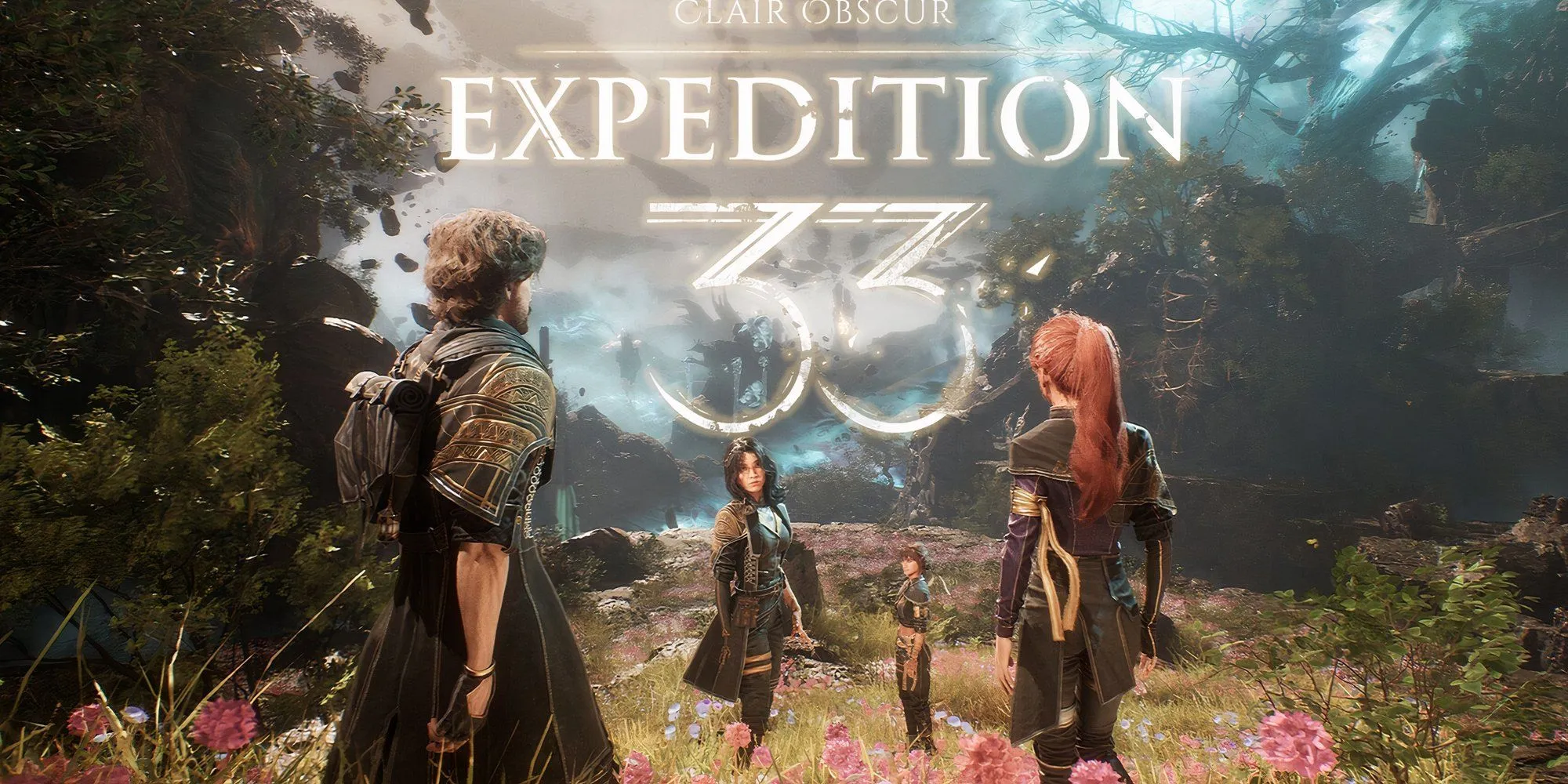 Logo Clair Obscur: Expedition 33 và đội hình bốn nhân vật chính trong game