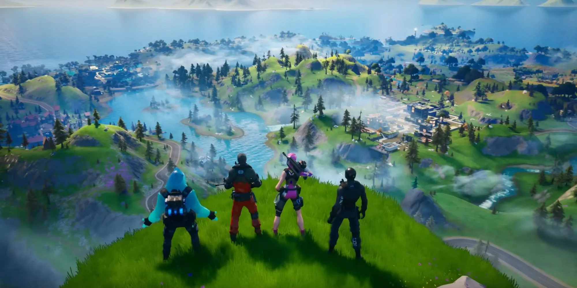 Logo Fortnite nổi bật trên nền hiệu ứng chiến đấu đặc trưng của game