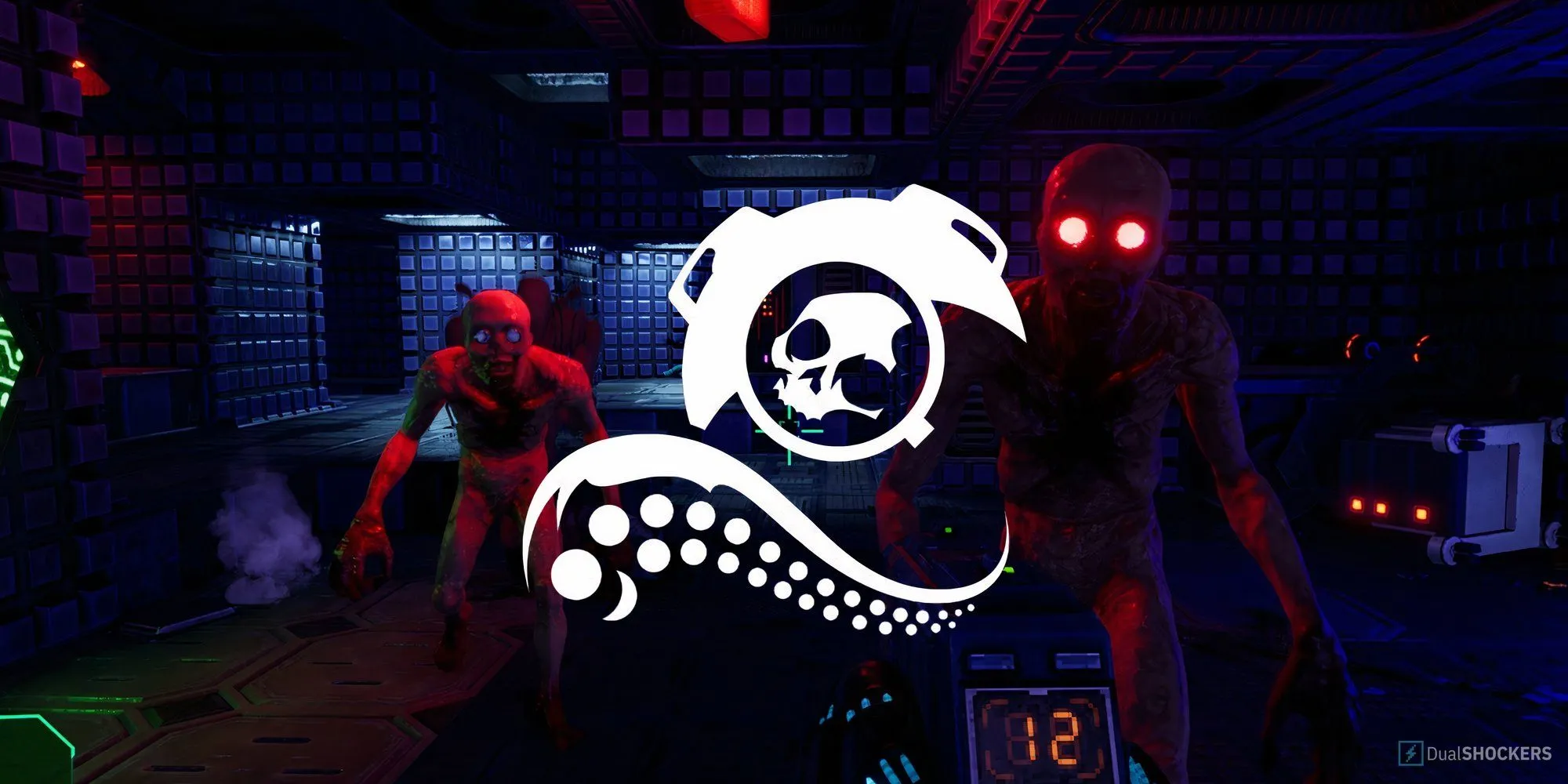 Logo Nightdive Studios với hình ảnh mutant đỏ rực từ System Shock Remake và chiếc mũ phi hành gia cách điệu