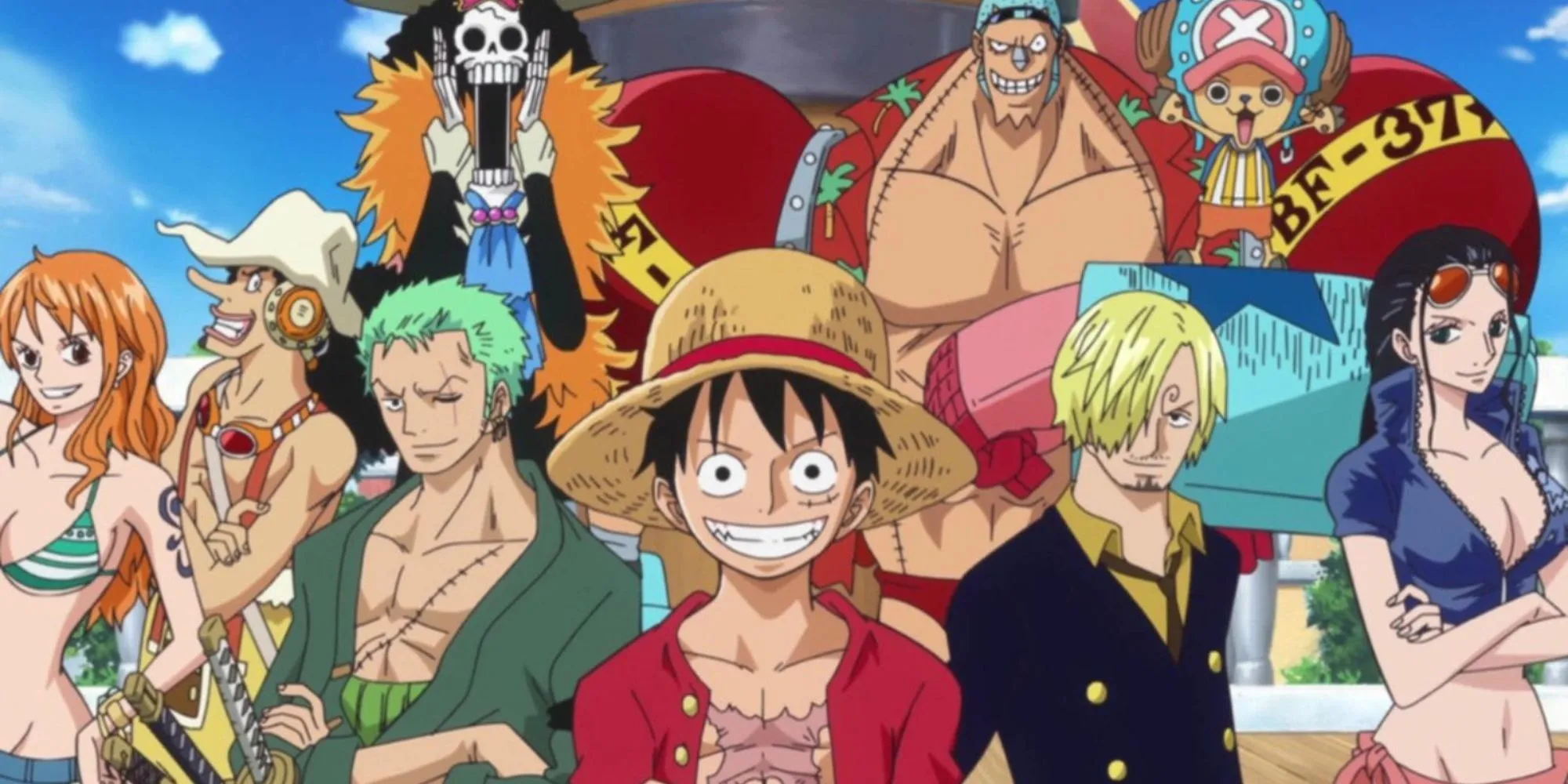 Luffy và băng Mũ Rơm trên tàu Thousand Sunny trong One Piece