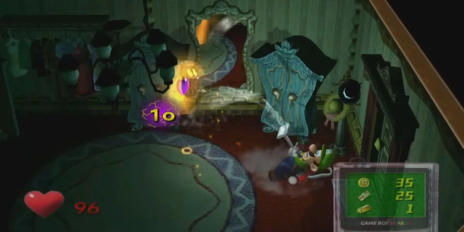 Luigi dùng máy hút ma Poltergust G-00 bắt ma trong Luigi's Mansion