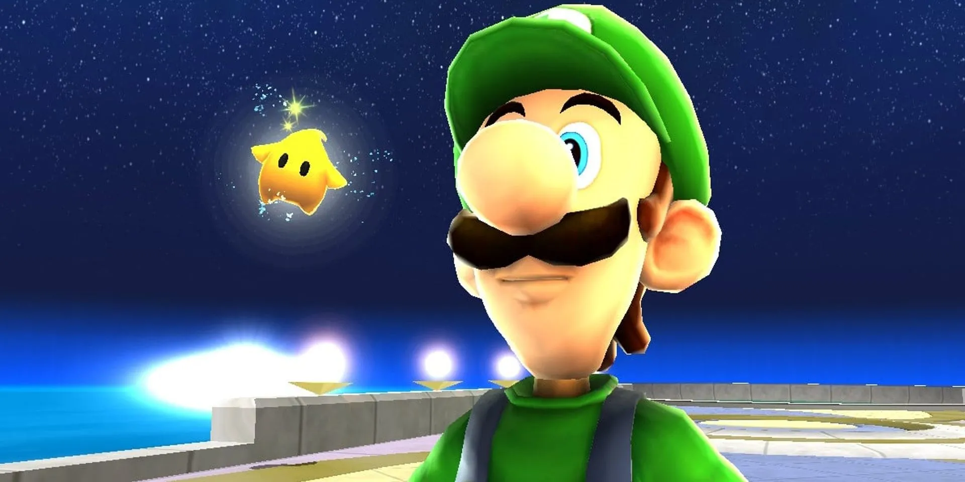 Luigi trong bộ trang phục màu xanh lá cây quen thuộc từ game Super Mario Galaxy.