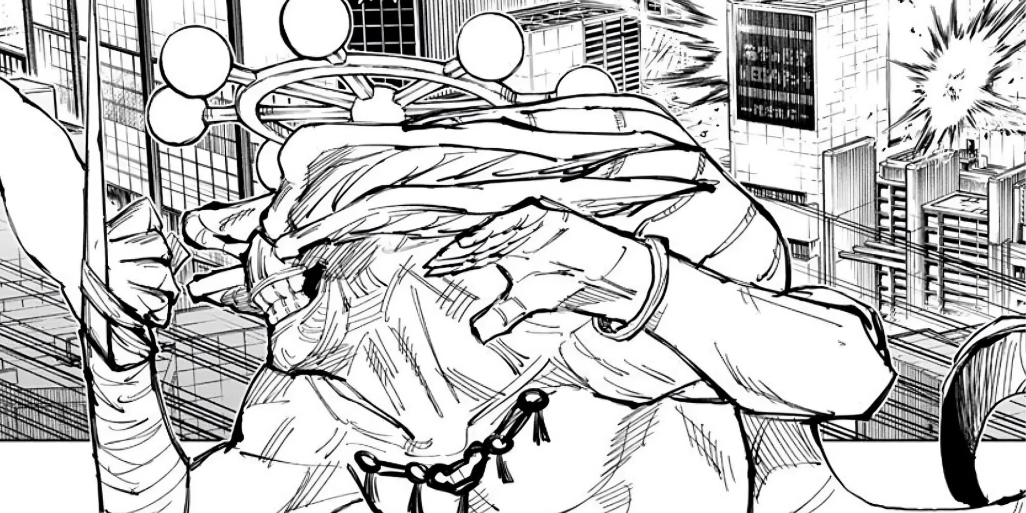 Mahoraga xuất hiện trong manga Jujutsu Kaisen chương 118 với Pháp Luân đặc trưng