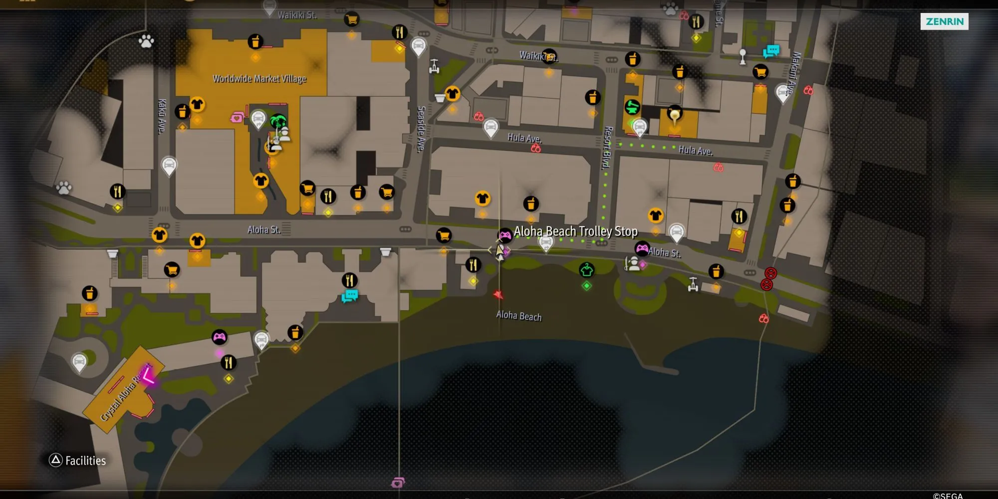 Majima đứng tại trạm xe điện Aloha Beach, điểm khởi đầu minigame Sicko Snap trong Like a Dragon Pirate Yakuza