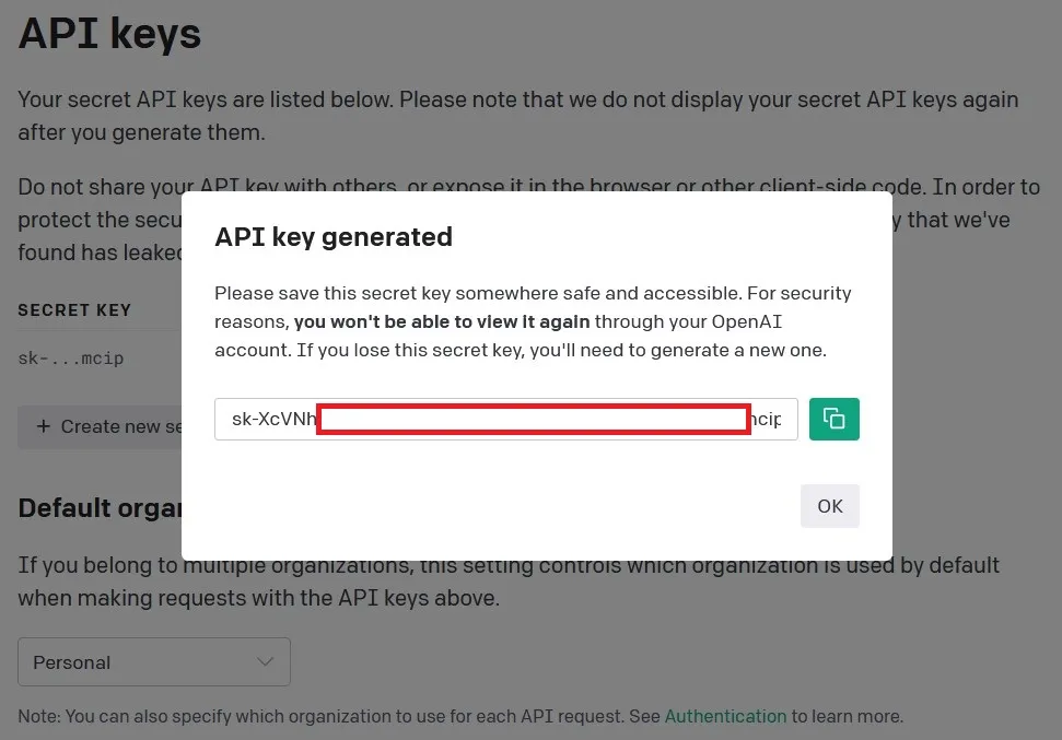 Màn hình hiển thị API key sau khi tạo trên nền tảng OpenAI