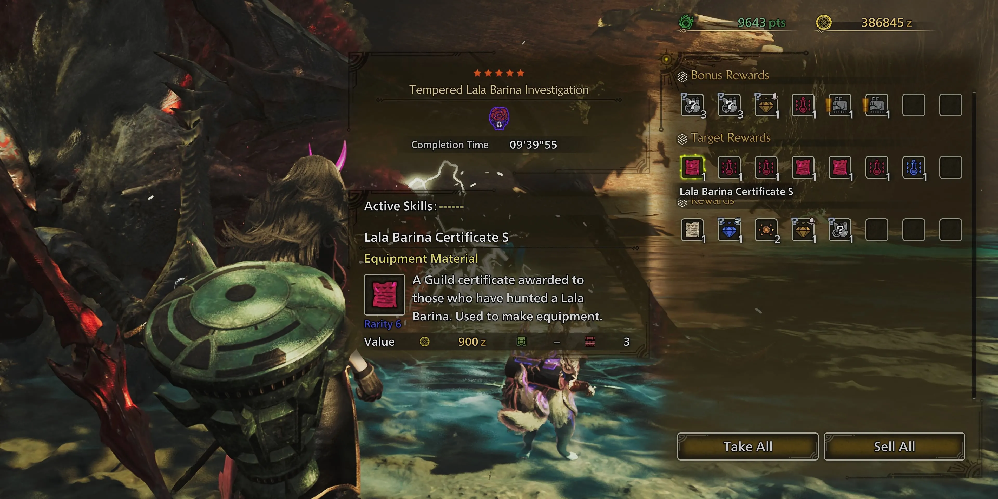 Màn hình hiển thị các phần thưởng nhận được sau khi đánh bại Lala Barina trong Monster Hunter Wilds