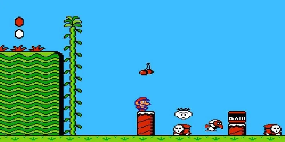 Mario trong Super Mario Bros. 2 đứng trên khúc gỗ tại bản đồ thế giới