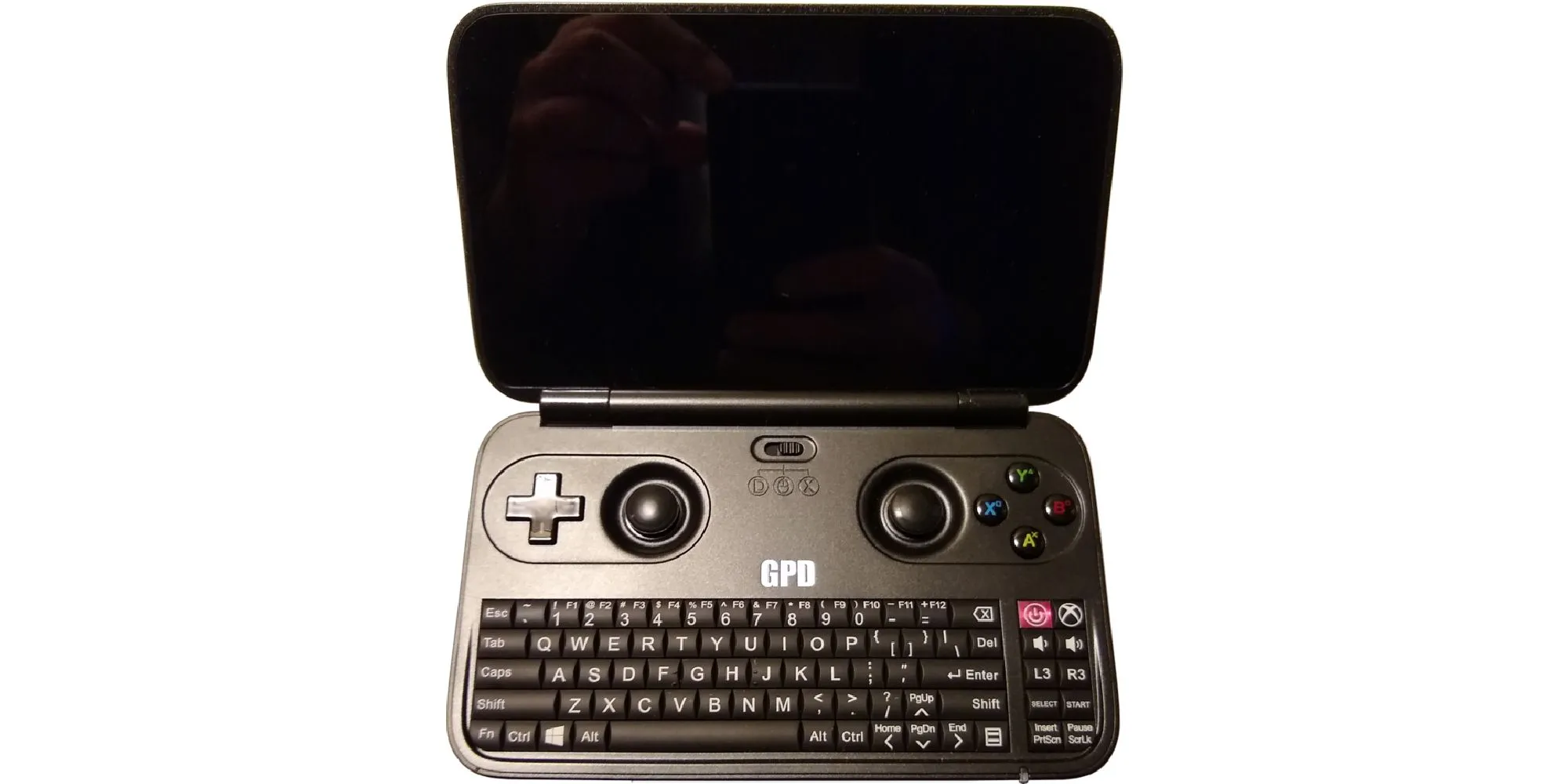 Máy chơi game cầm tay GPD Win với bàn phím QWERTY tích hợp và các nút điều khiển game