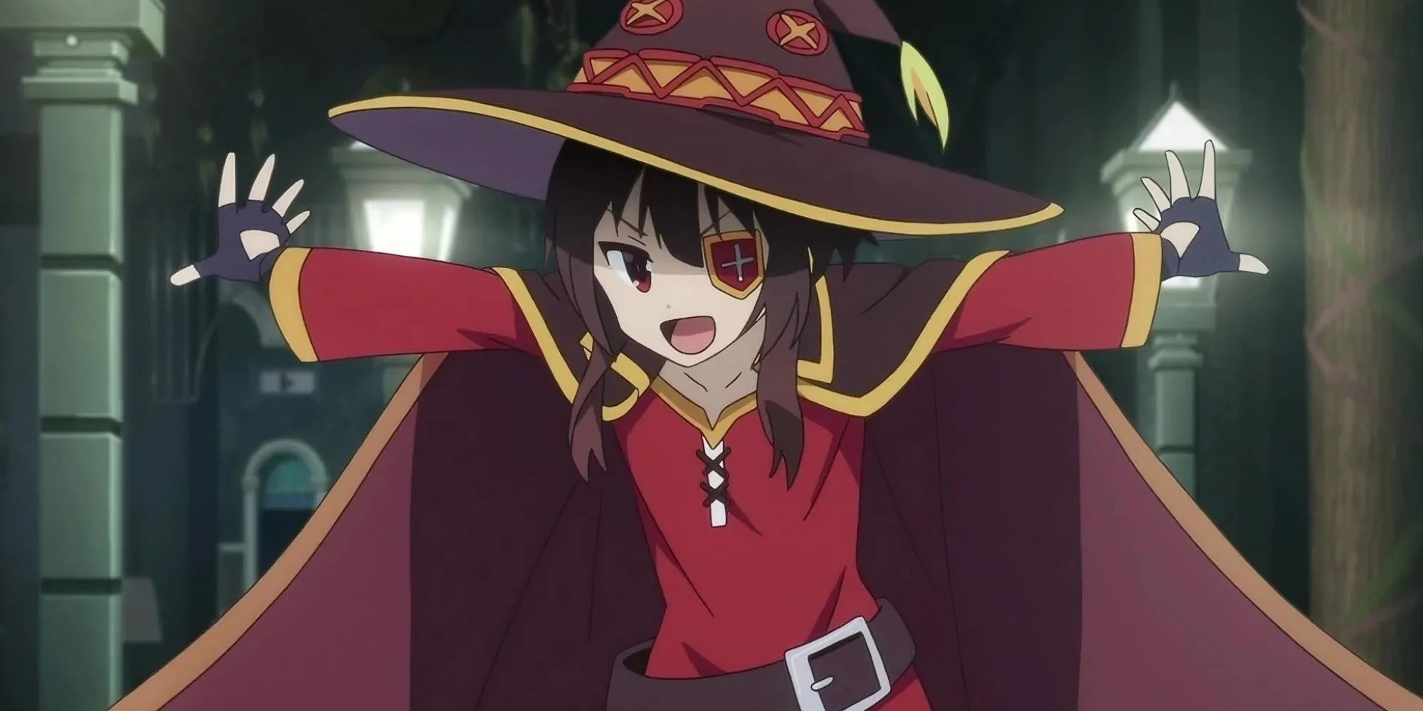 Megumin từ KonoSuba trong tư thế niệm chú Explosion Magic với chiếc bịt mắt phong cách