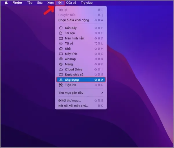 Menu Go trên MacBook hiển thị các tùy chọn thư mục